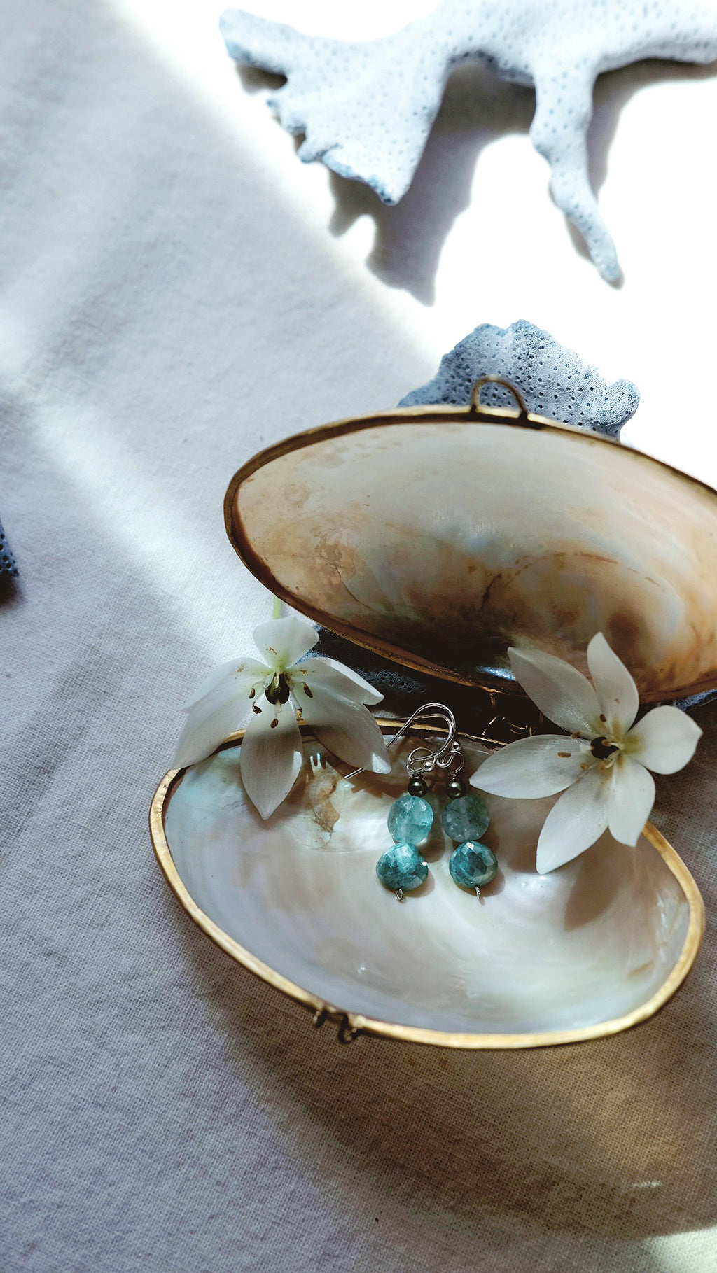 Nereid + Apatite + Green Moonstone + Freshwater Pearl earrings