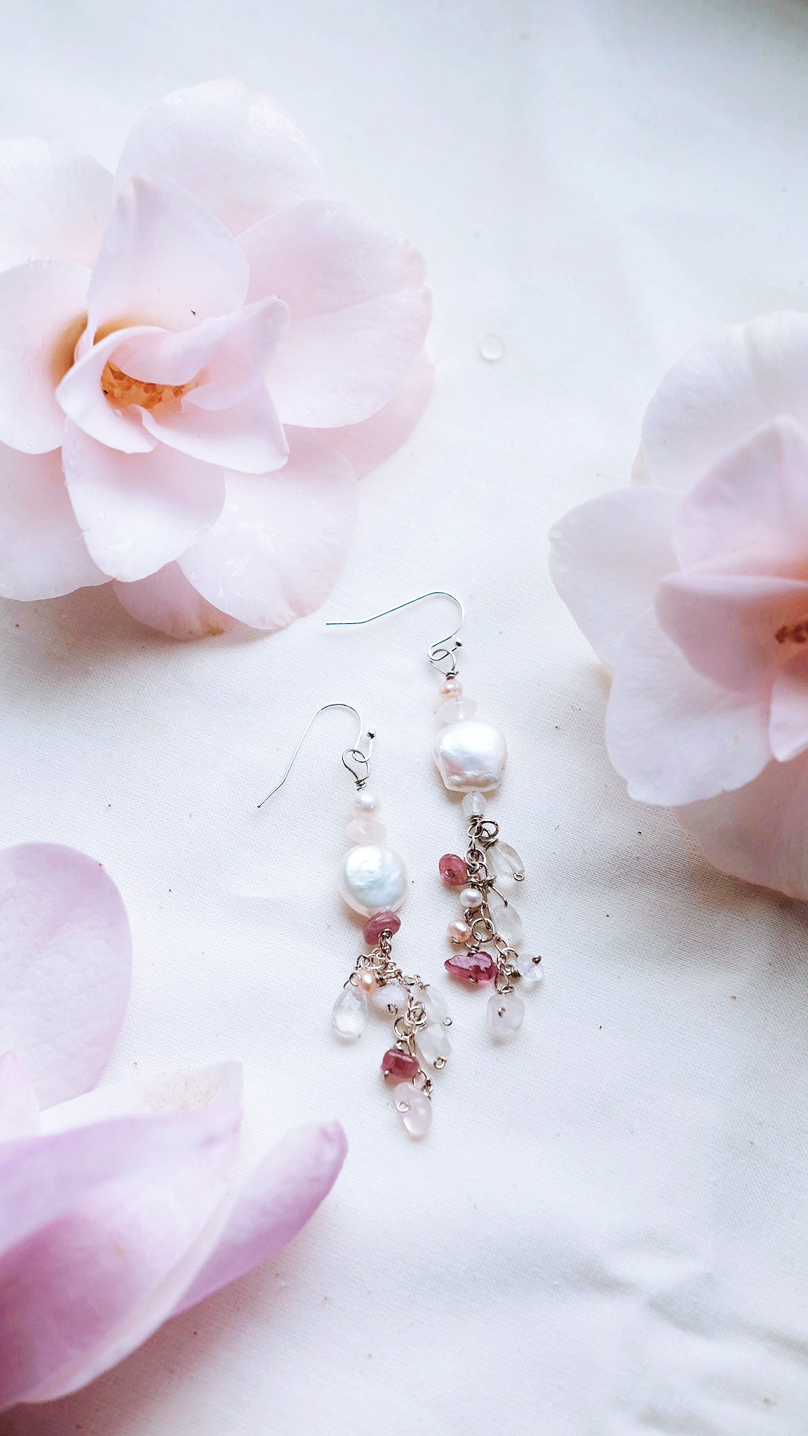 Khloris Spring Goddess + Moonstone + Rose Quartz + Pink Tourmaline + Freshwater Pearl earrings