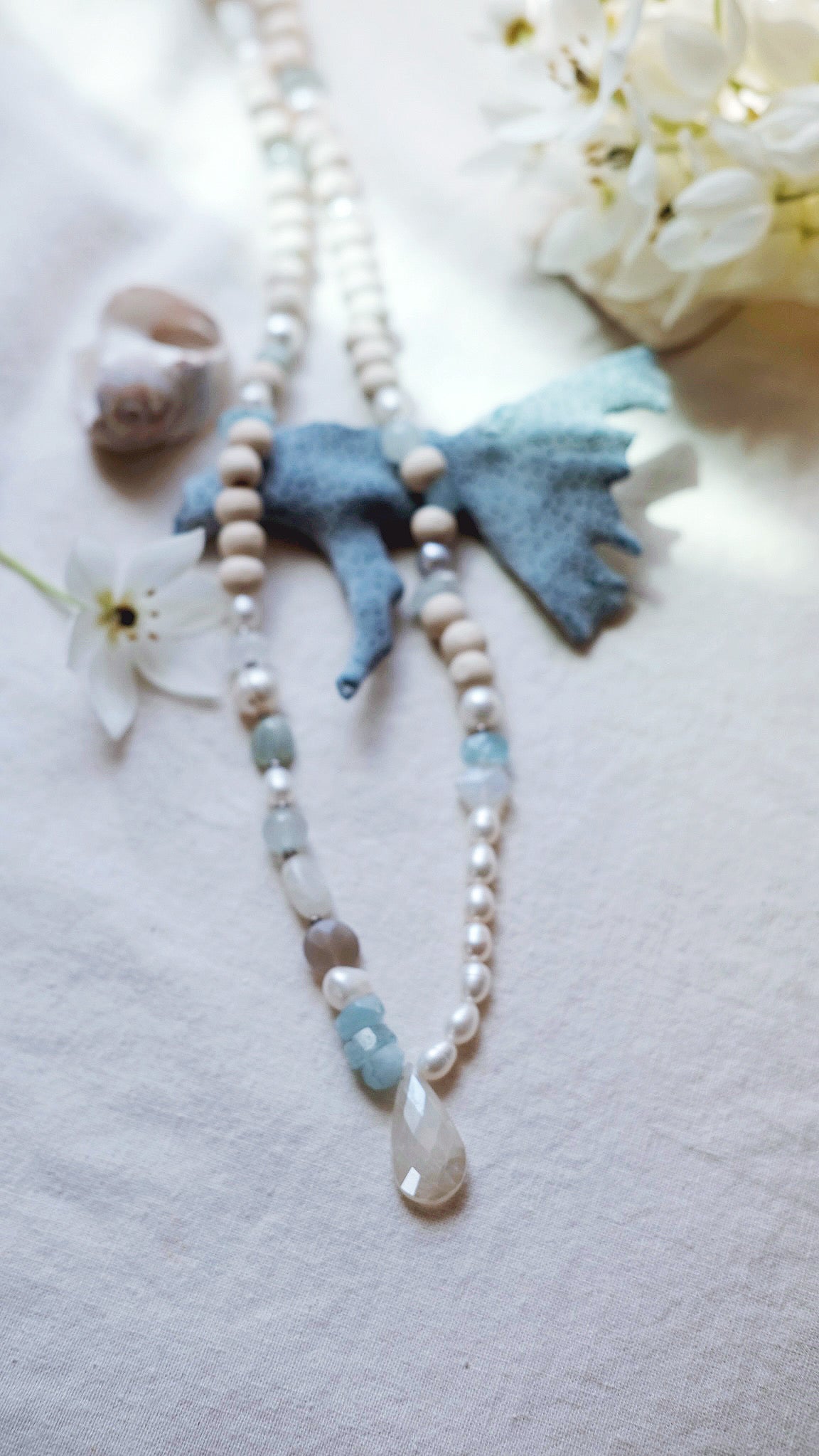 Aquamarine + Pearl + Moonstone + Chalcedony + gemstone necklace
