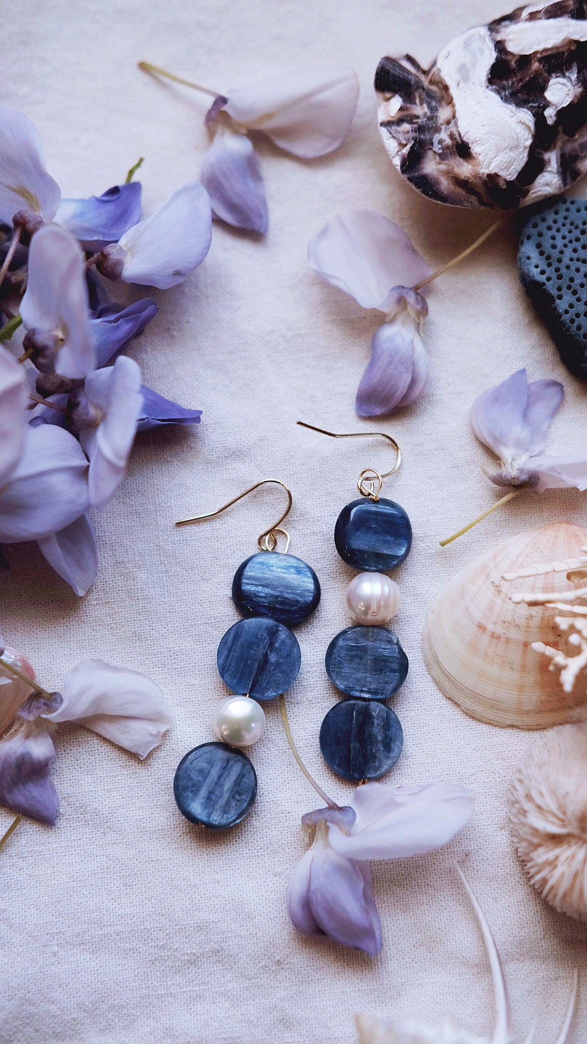 Deepwater Mirror + Kyanite + Baroque Pearl earrings