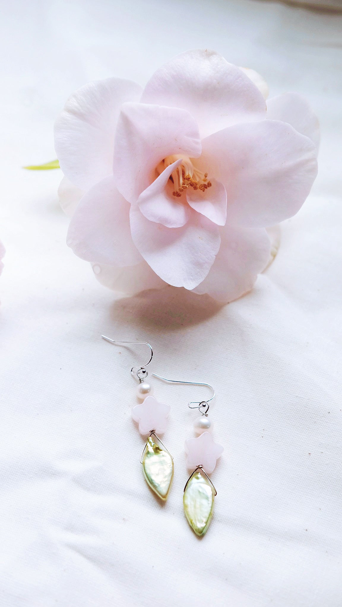 Spring Blossoms + Carved Rose Quartz + Freshwater Pearl  earrings