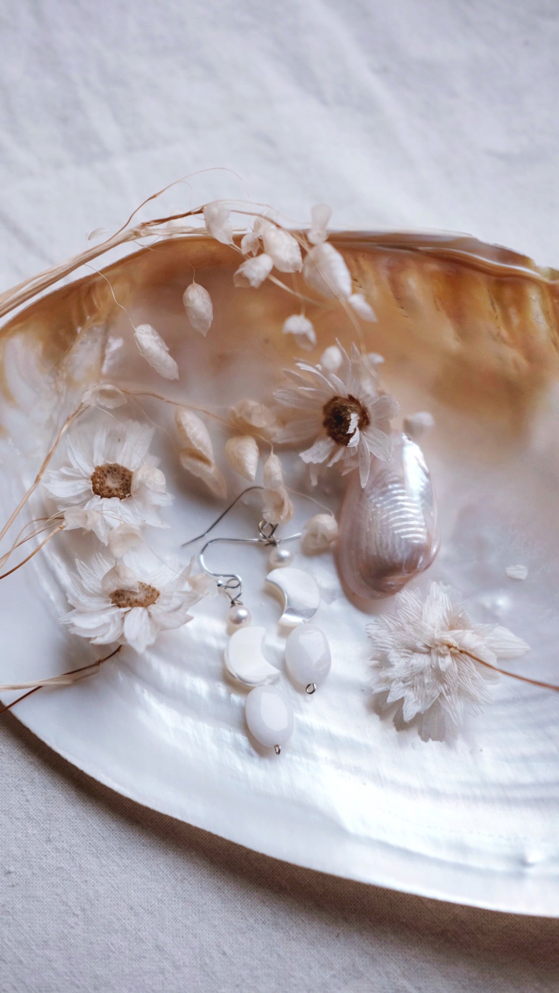 Moon blossom - Freshwater Pearl + Moon + White Quartz earrings