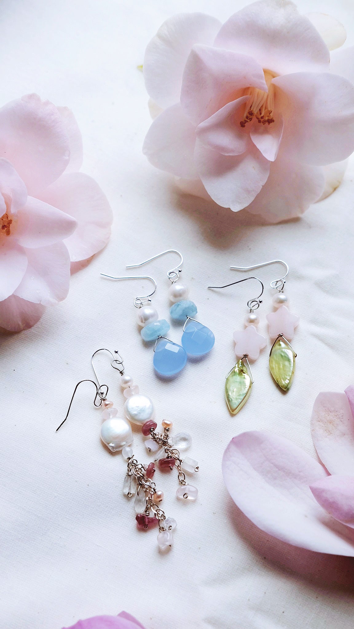 Nereid + Aquamarine + Freshwater Pearl + Chalcedony earrings