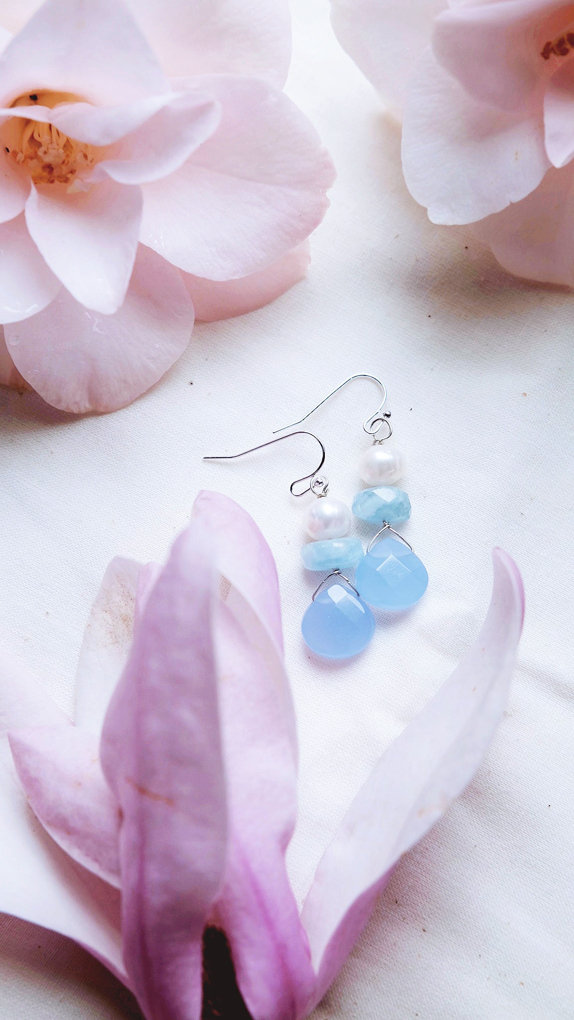 Nereid + Aquamarine + Freshwater Pearl + Chalcedony earrings