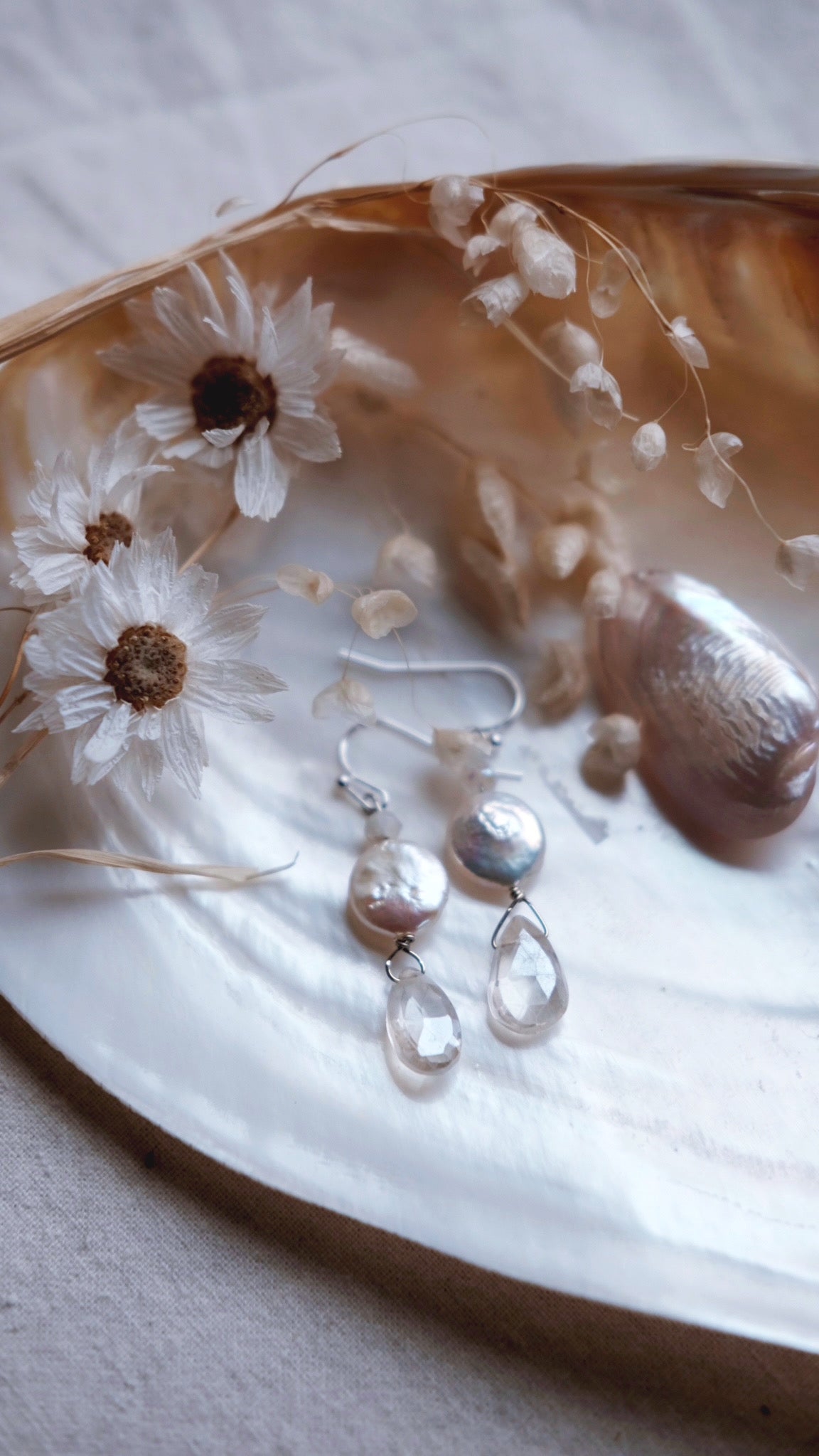 Claire de Lune + Pearl + Quartz earrings