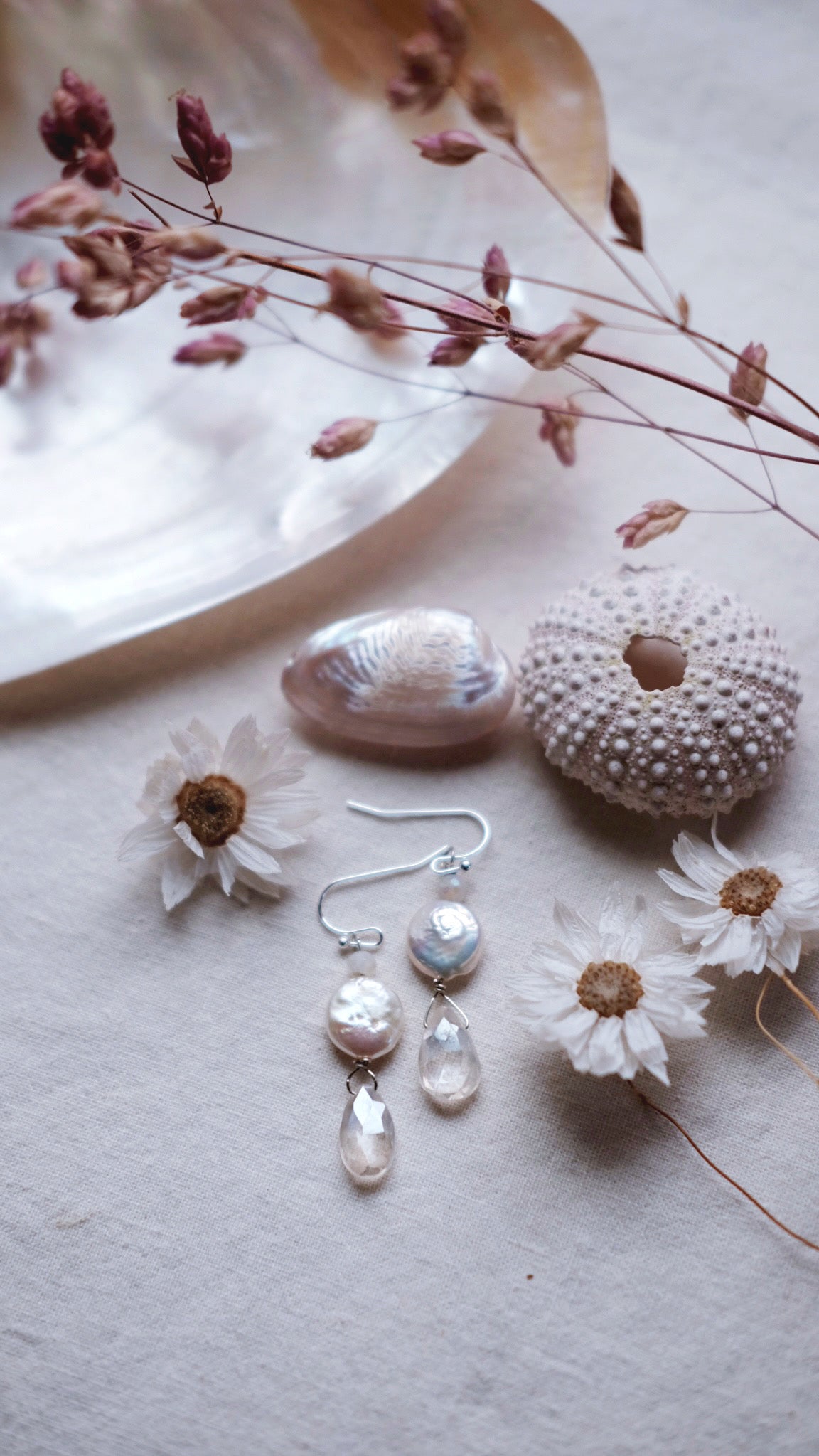 Claire de Lune + Pearl + Quartz earrings