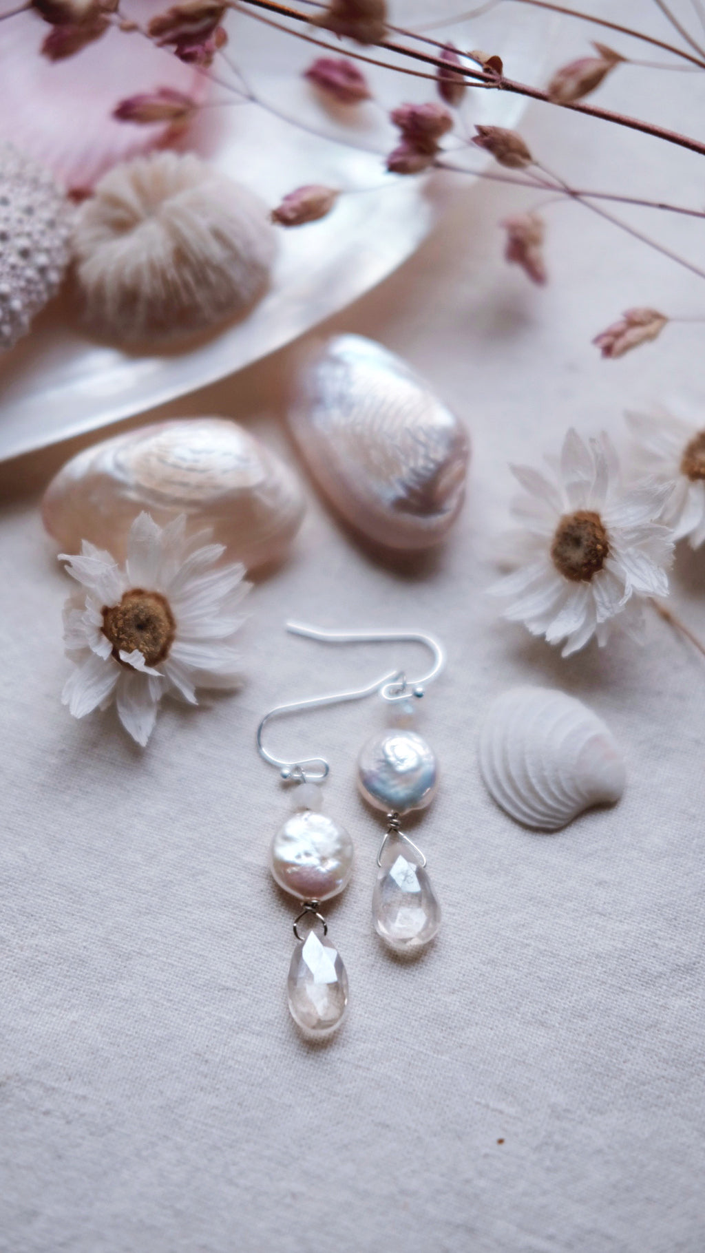 Claire de Lune + Pearl + Quartz earrings