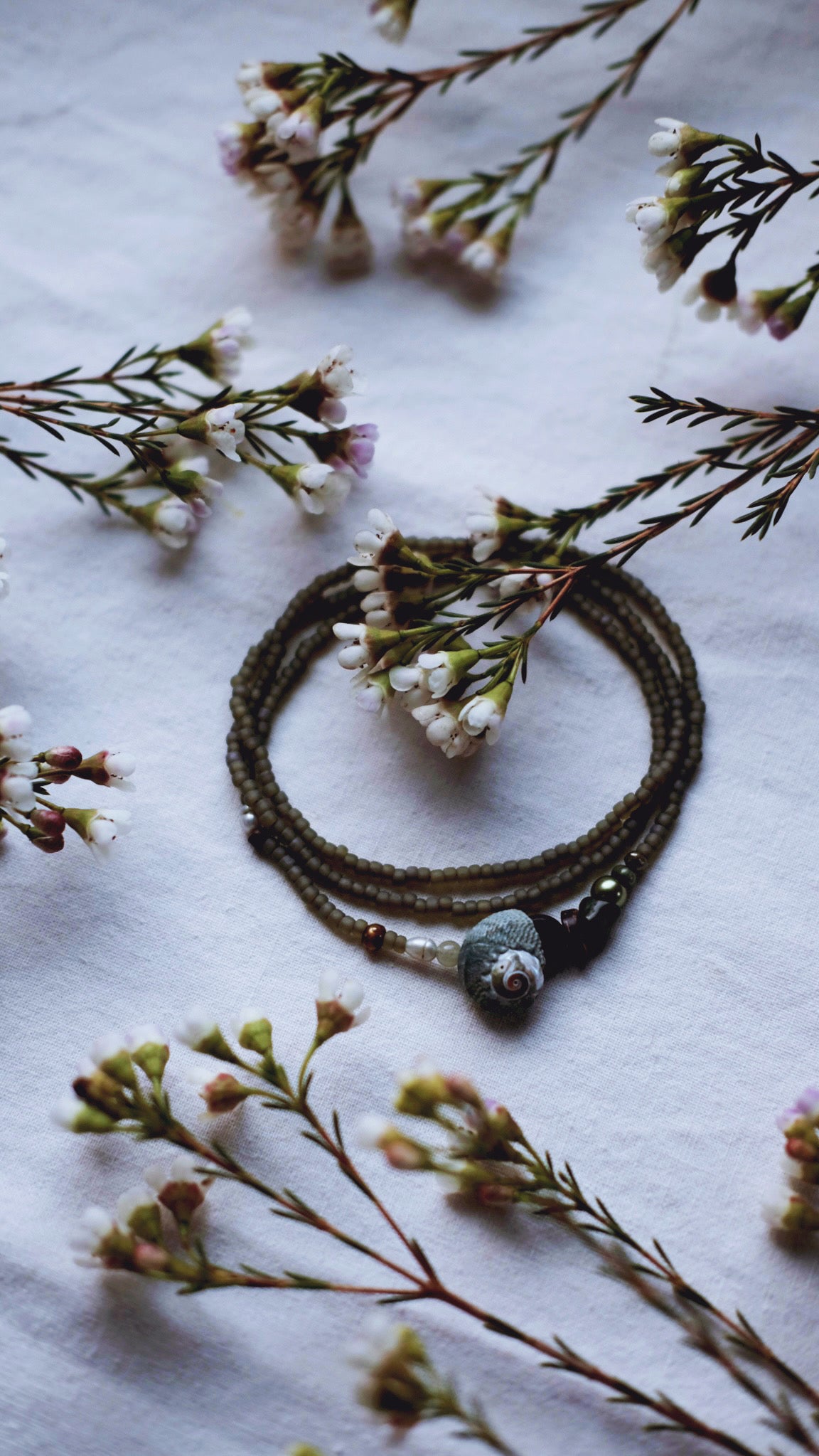 RESERVE for Maria - Lunar Tidepool + Aventurine + Freshwater Pearl + Natural seashell + Smokey Quartz necklace