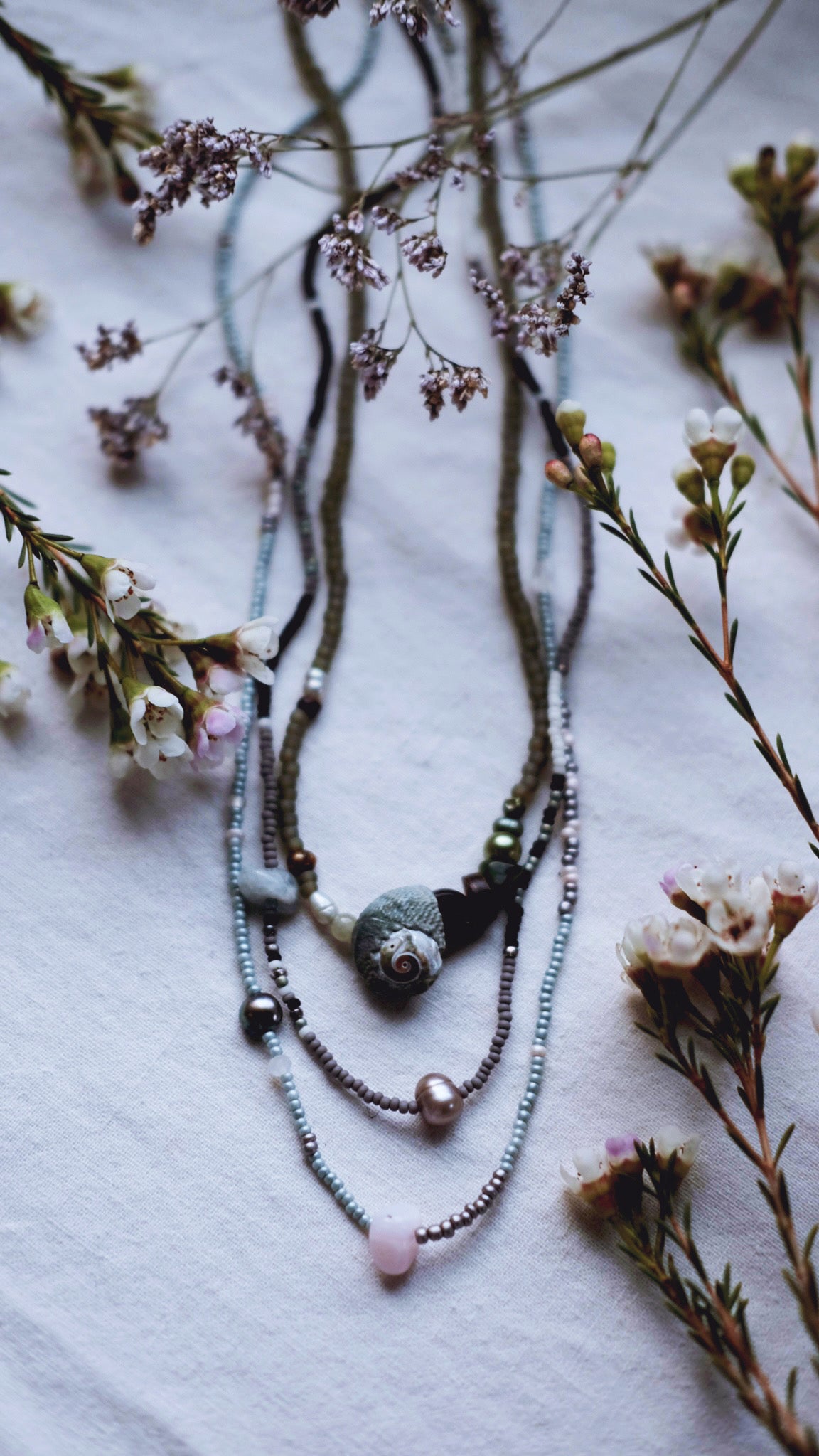 RESERVE for Maria - Lunar Tidepool + Aventurine + Freshwater Pearl + Natural seashell + Smokey Quartz necklace