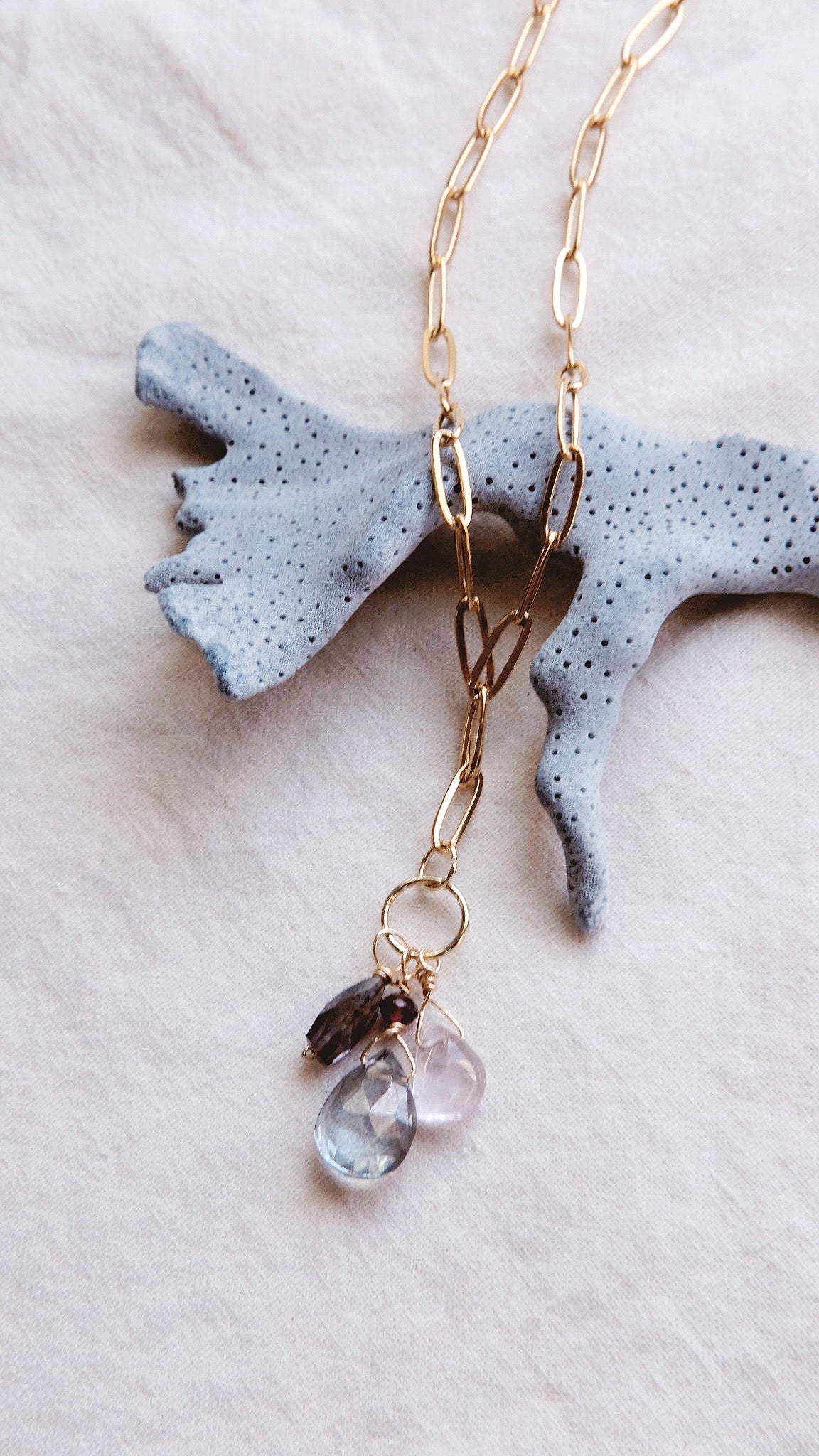 Themis Talisman  + Rose de France Amethyst, Iolite, Garnet, and Blue Topaz necklace