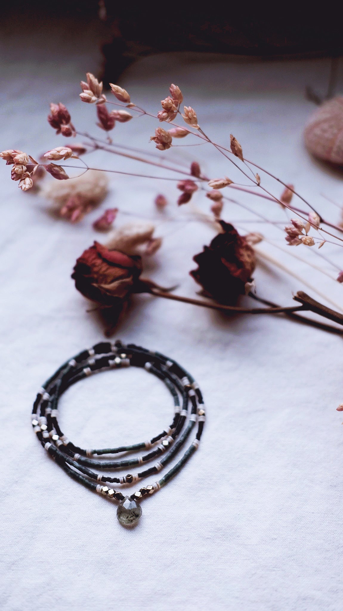 Starlit Pathway +  Moss Agate + Jade + Shell Heishi + Pyrite - Synodic gemstone necklace