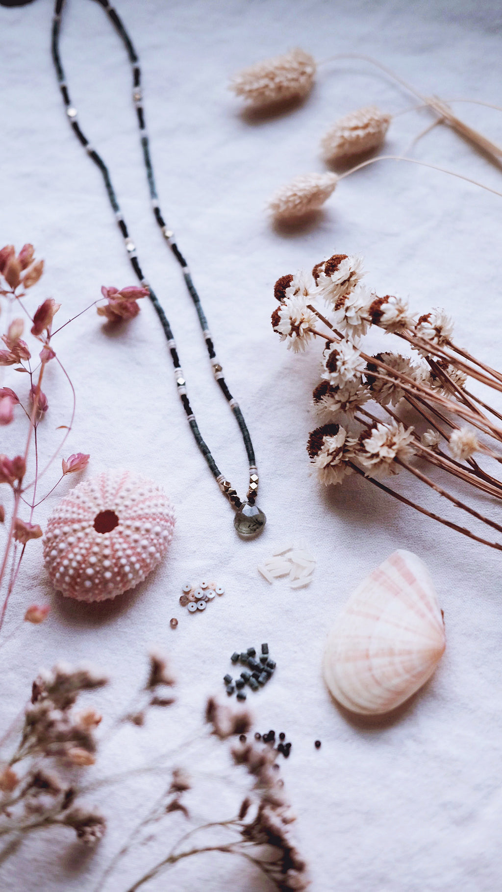 Starlit Pathway +  Moss Agate + Jade + Shell Heishi + Pyrite - Synodic gemstone necklace