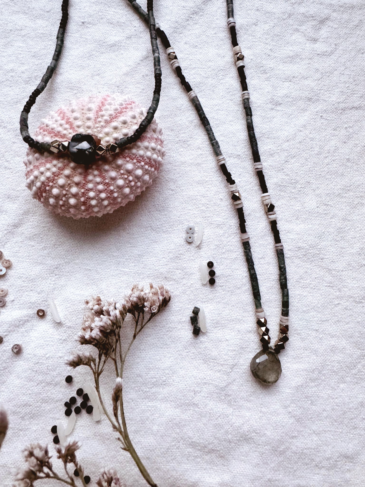 Starlit Pathway +  Moss Agate + Jade + Shell Heishi + Pyrite - Synodic gemstone necklace