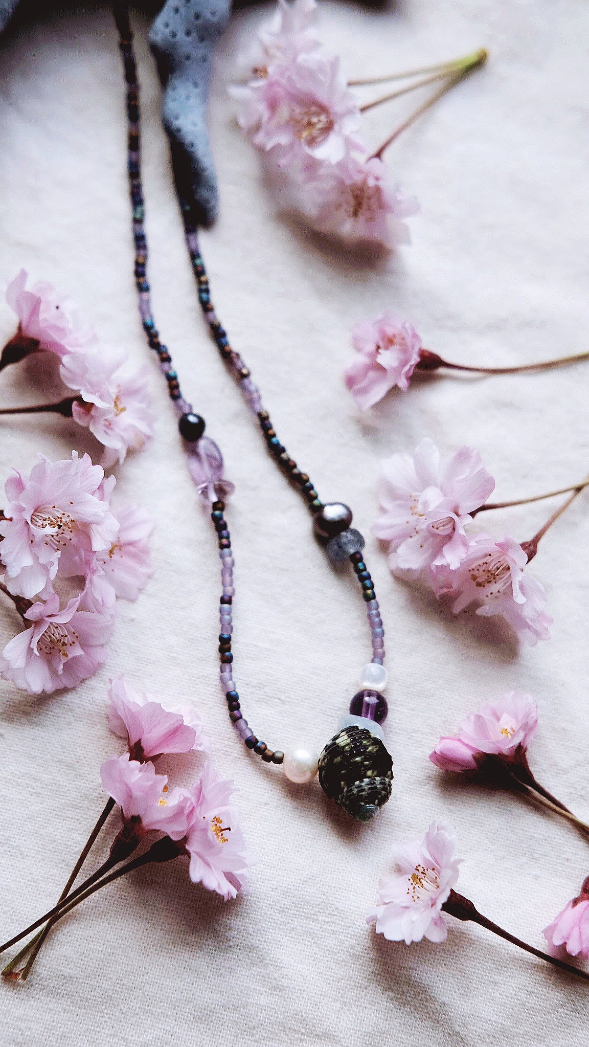Tidepool Scrying + Amethyst + Aquamarine + Freshwater Pearl + Natural seashell +Quartz necklace