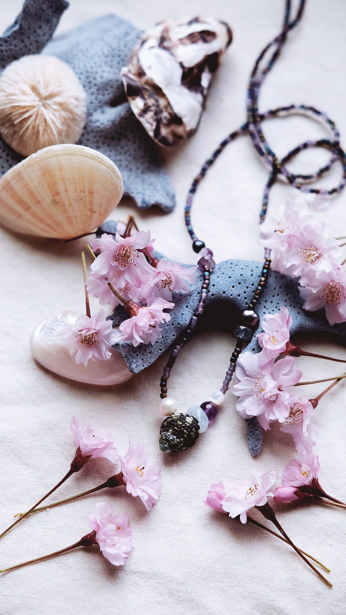 Tidepool Scrying + Amethyst + Aquamarine + Freshwater Pearl + Natural seashell +Quartz necklace