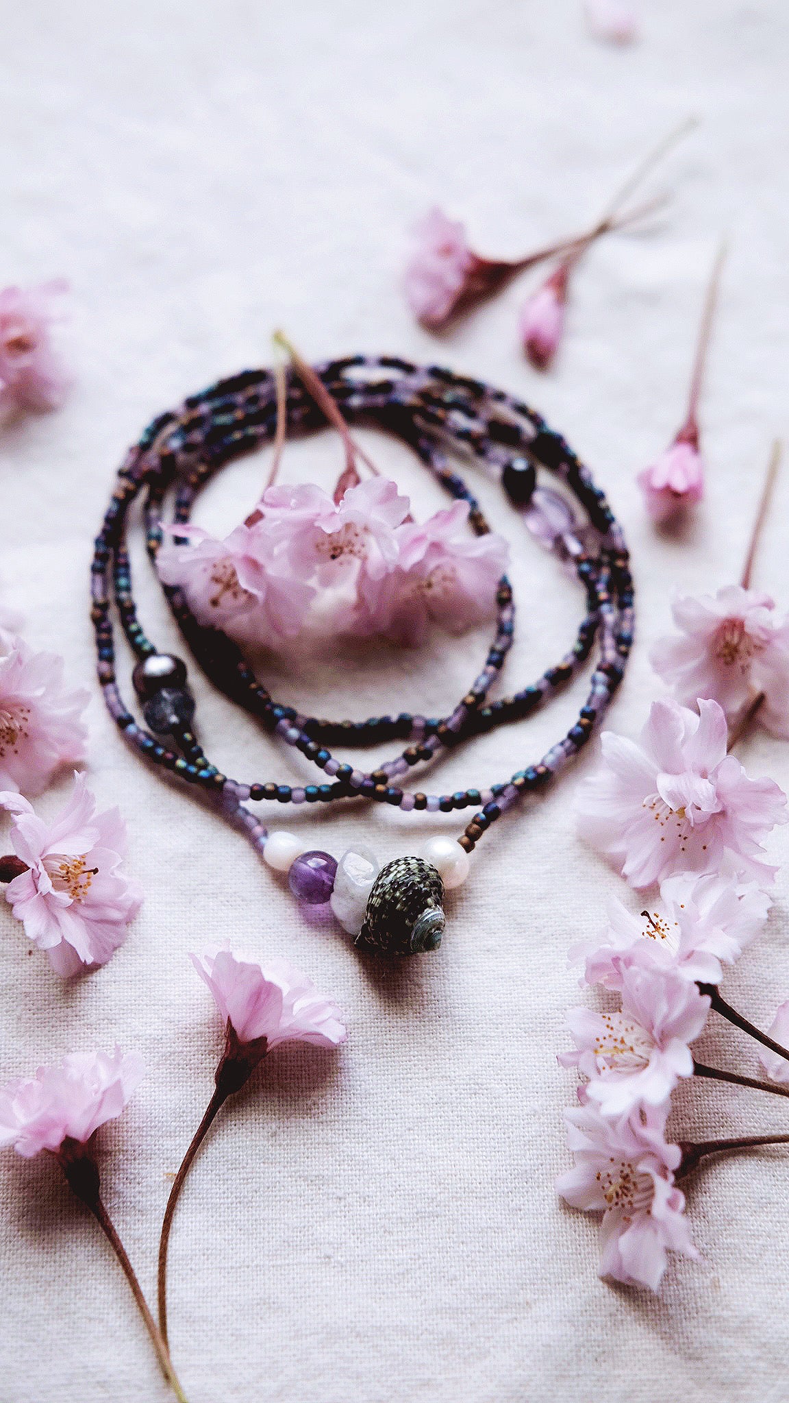 Tidepool Scrying + Amethyst + Aquamarine + Freshwater Pearl + Natural seashell +Quartz necklace