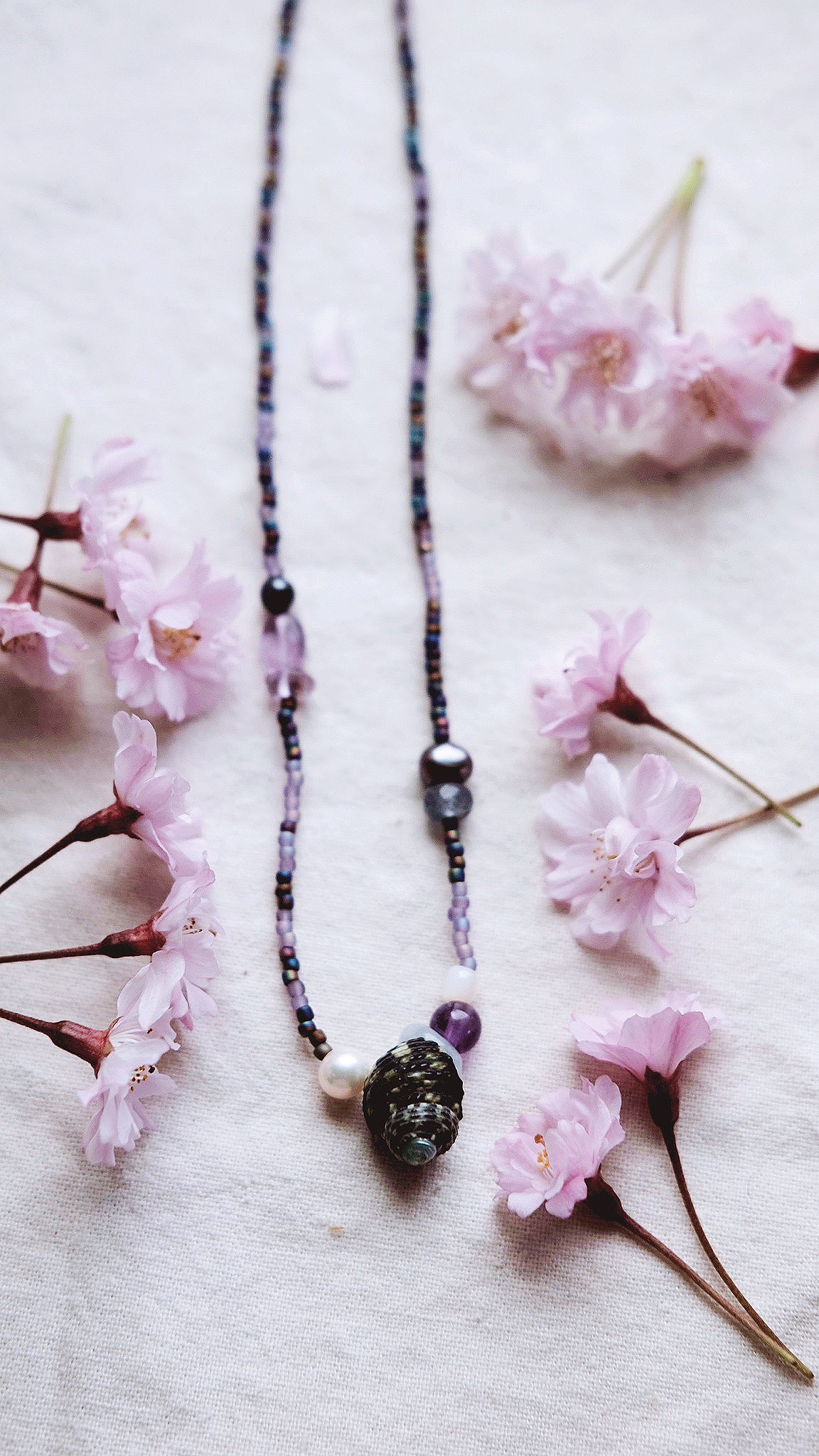 Tidepool Scrying + Amethyst + Aquamarine + Freshwater Pearl + Natural seashell +Quartz necklace
