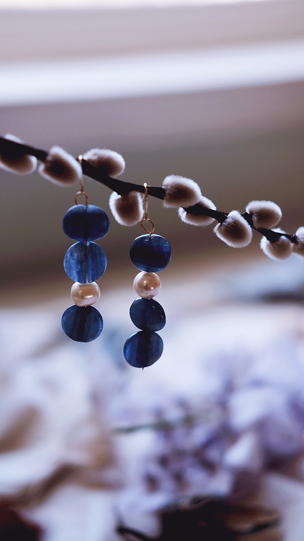 Deepwater Mirror + Kyanite + Baroque Pearl earrings