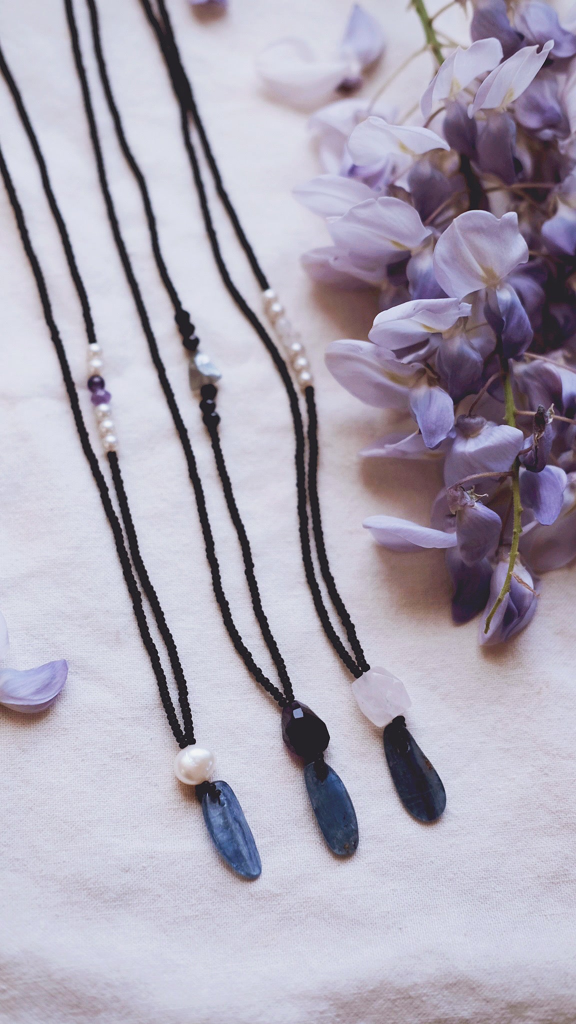 Nocturne Depths + Kyanite + Iolite + Baroque Pearl + Rose Quartz necklaces