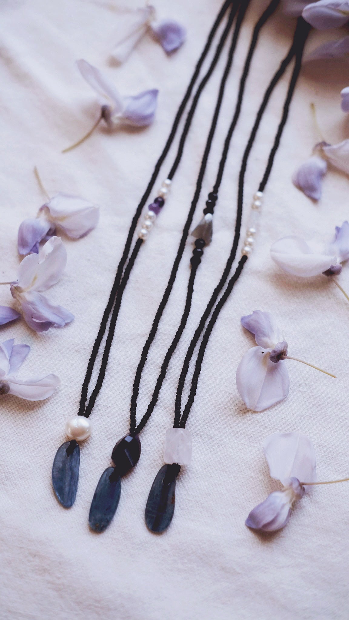 Nocturne Depths + Kyanite + Iolite + Baroque Pearl + Rose Quartz necklaces