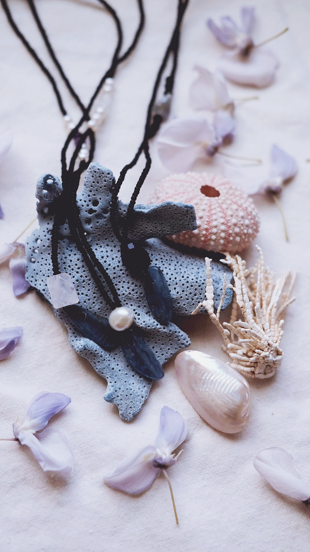 Nocturne Depths + Kyanite + Iolite + Baroque Pearl + Rose Quartz necklaces