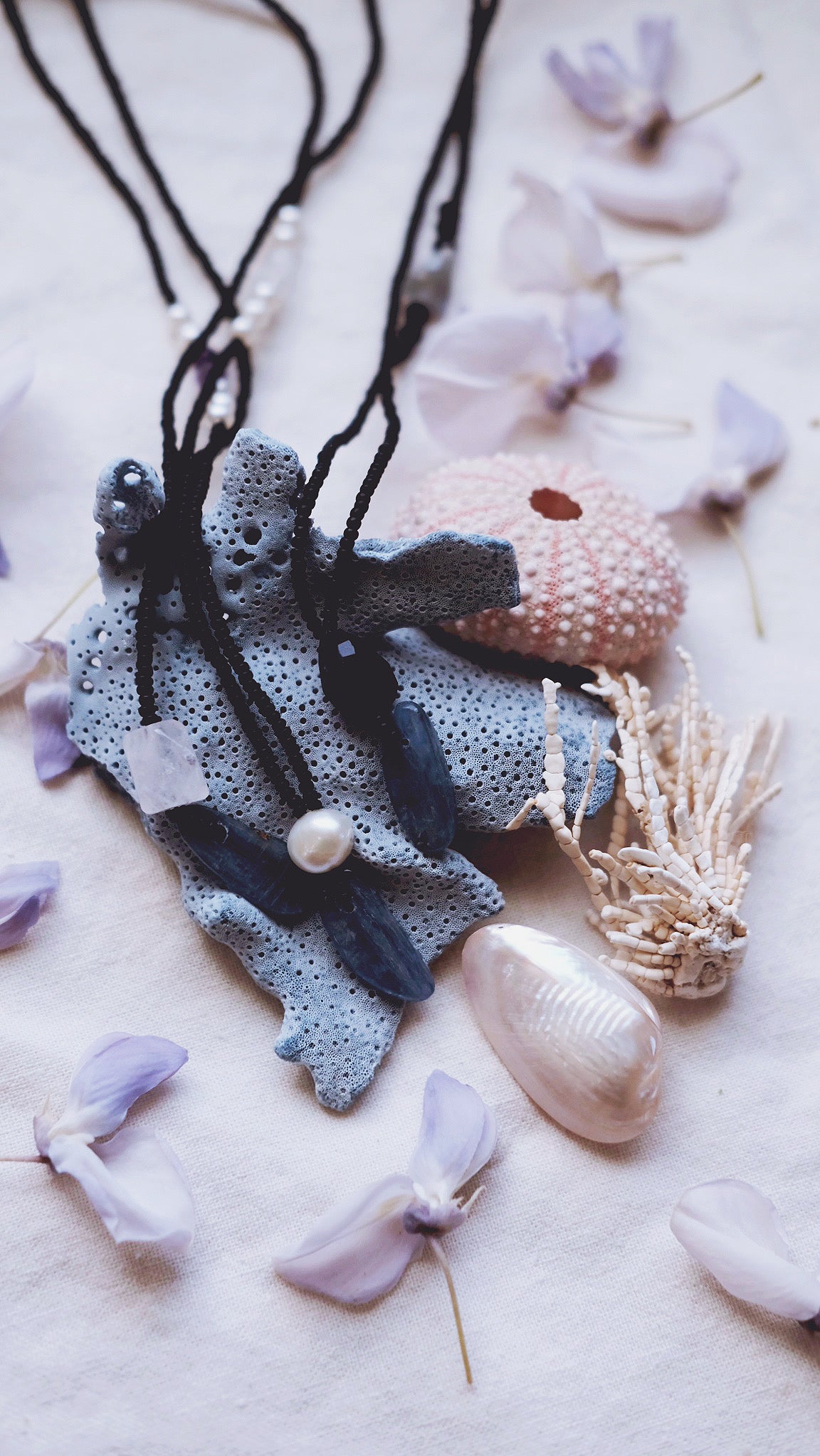 Nocturne Depths + Kyanite + Iolite + Baroque Pearl + Rose Quartz necklaces