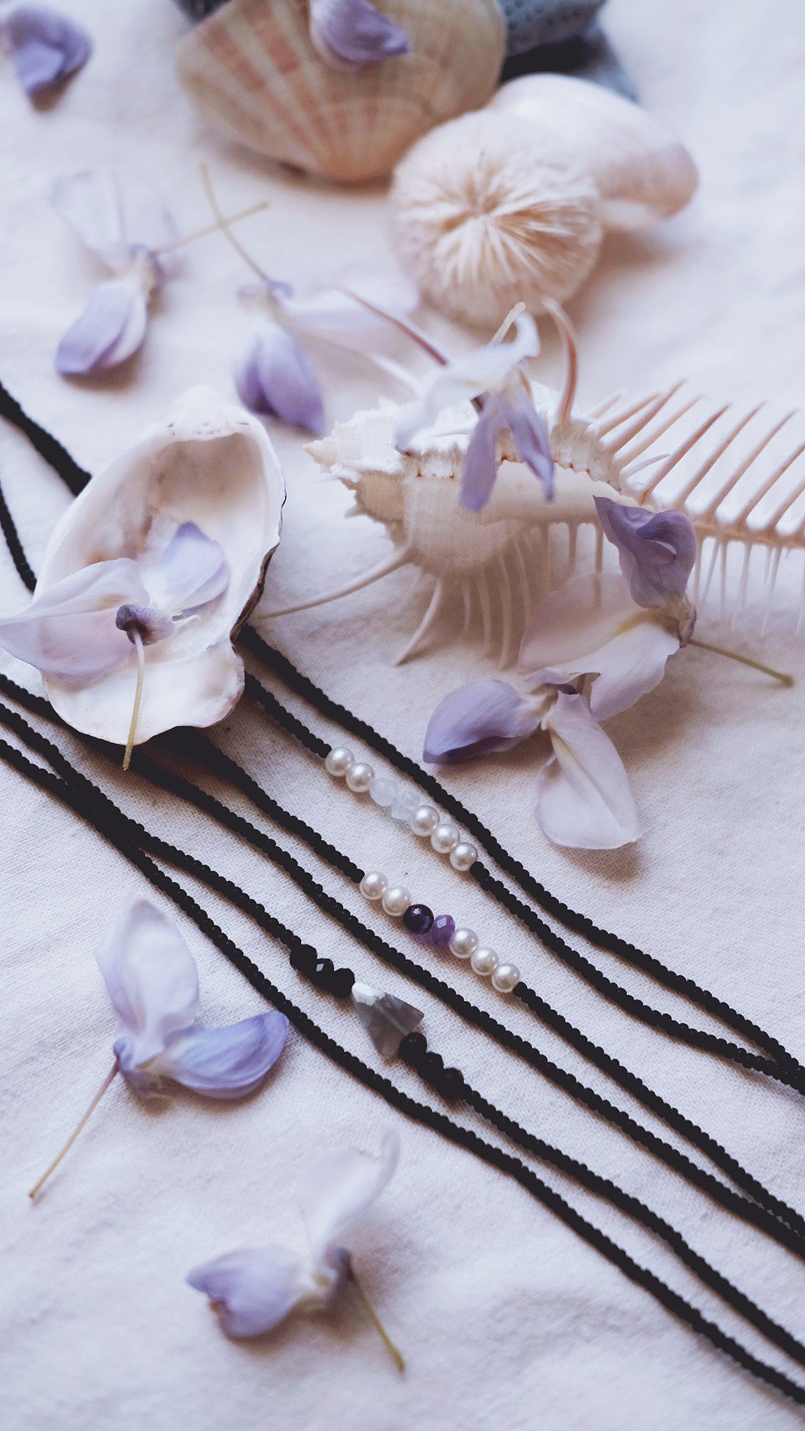 Nocturne Depths + Kyanite + Iolite + Baroque Pearl + Rose Quartz necklaces