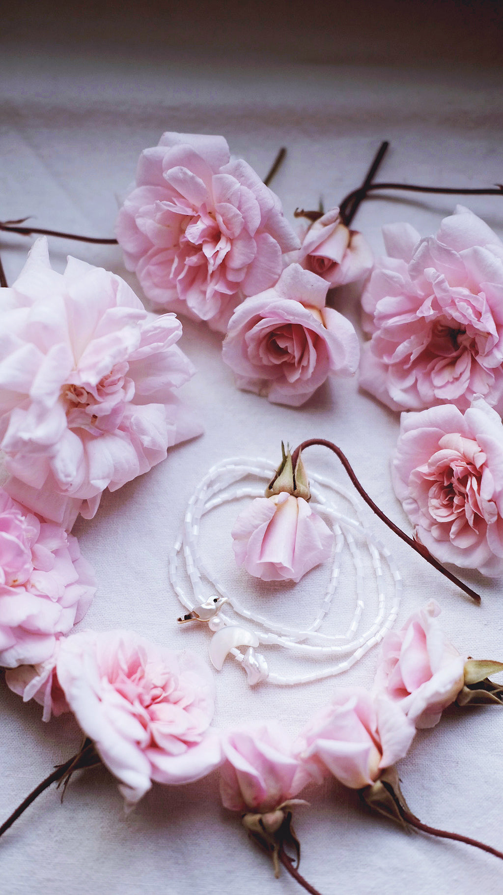 Gardenia Dove – White Beaded Pearl Necklace with Moon & Bird
