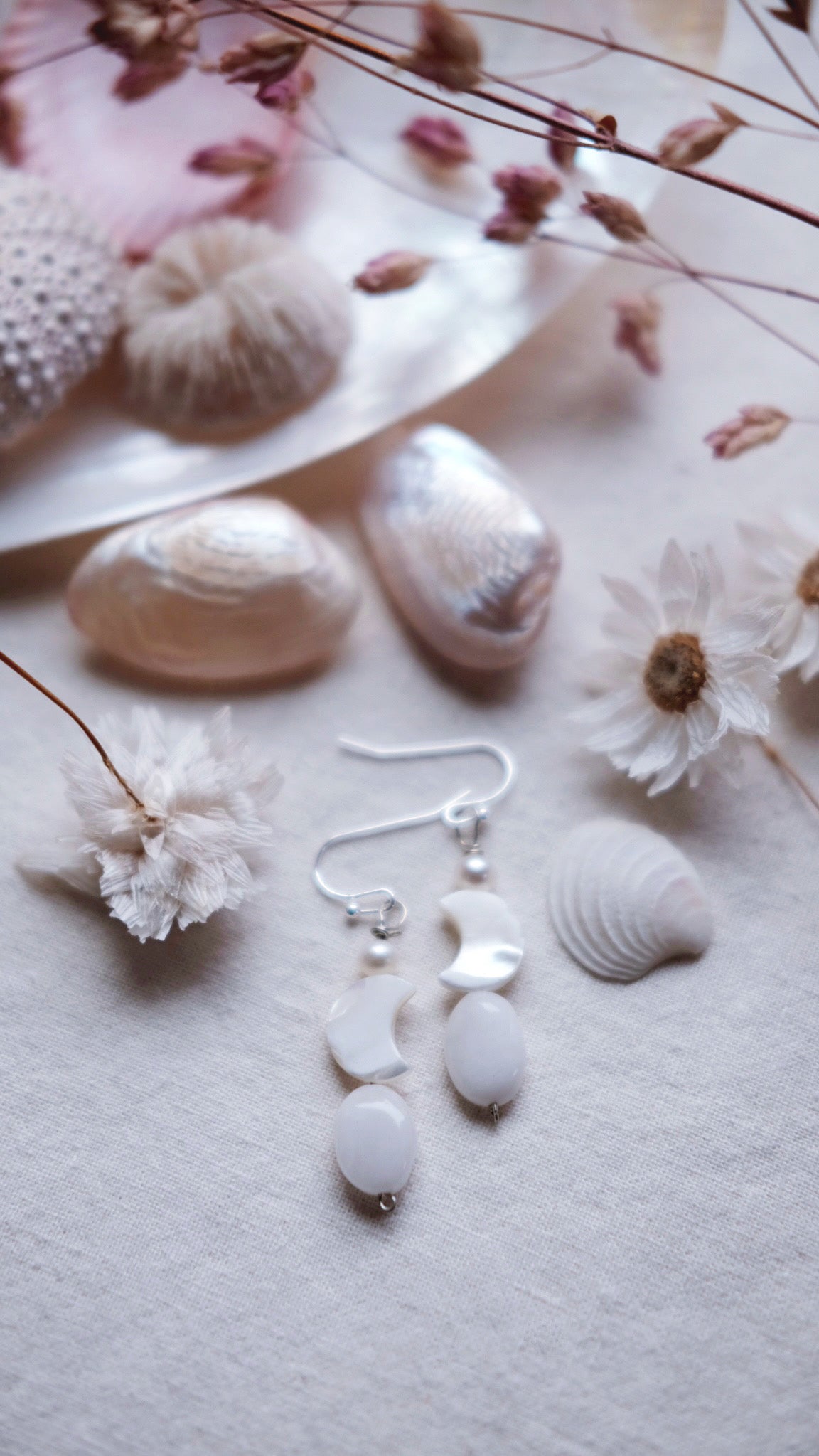 Moon blossom - Freshwater Pearl + Moon + White Quartz earrings