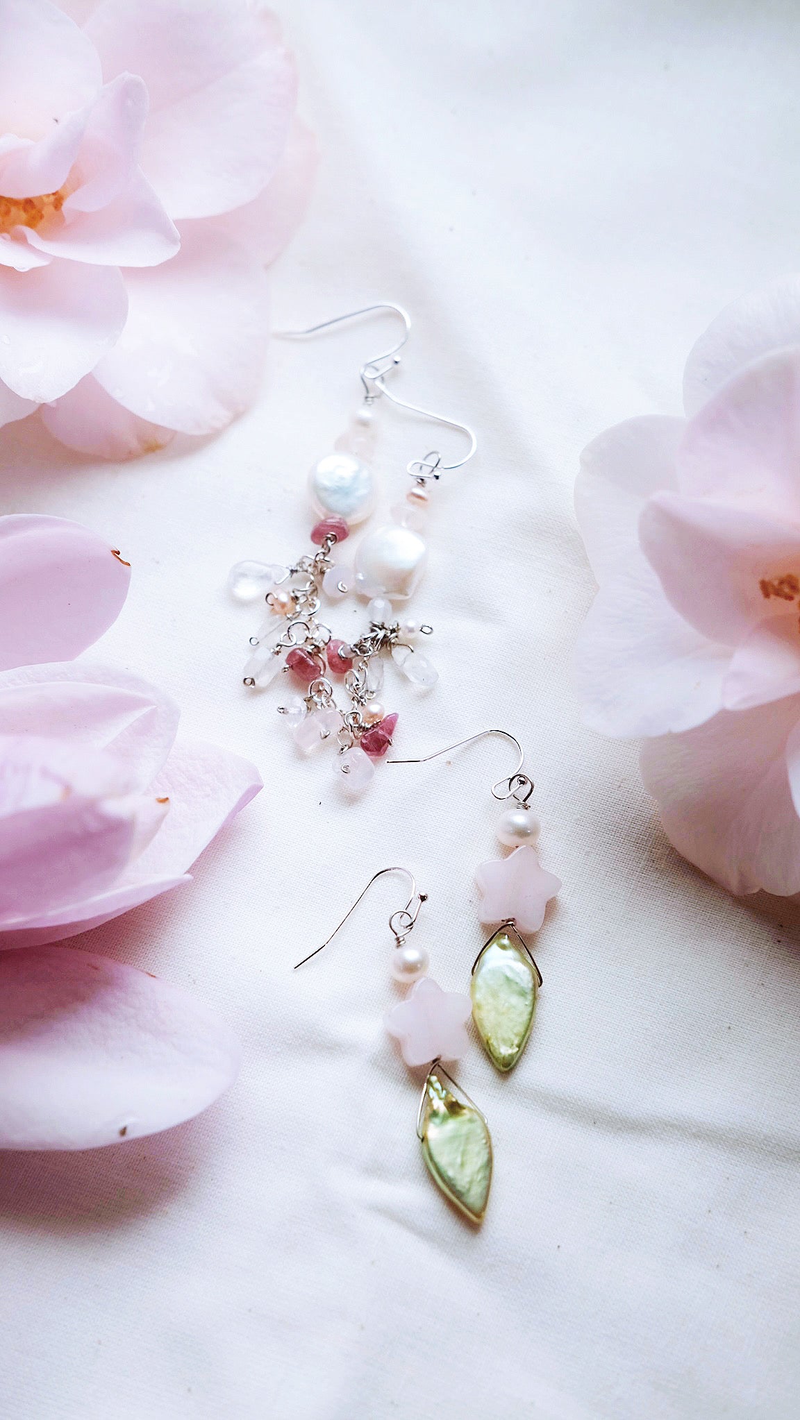 Khloris Spring Goddess + Moonstone + Rose Quartz + Pink Tourmaline + Freshwater Pearl earrings