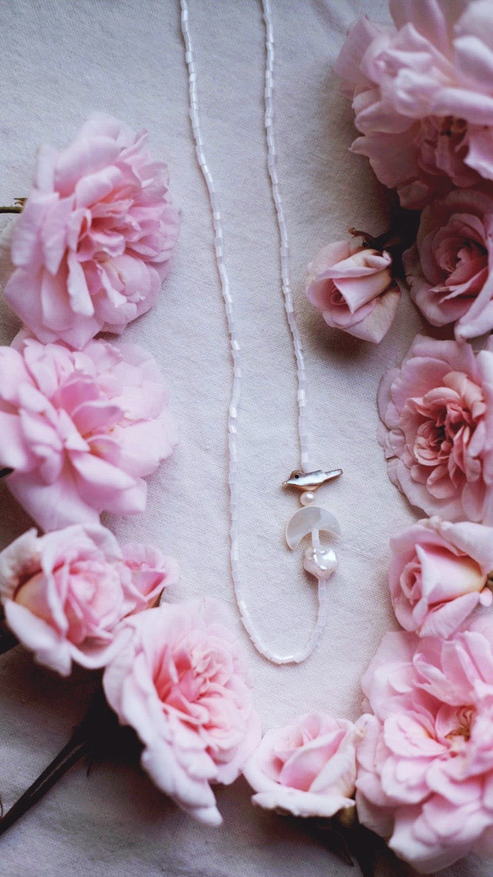 Gardenia Dove – White Beaded Pearl Necklace with Moon & Bird