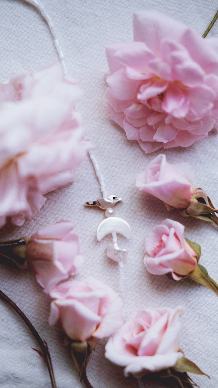 Gardenia Dove – White Beaded Pearl Necklace with Moon & Bird