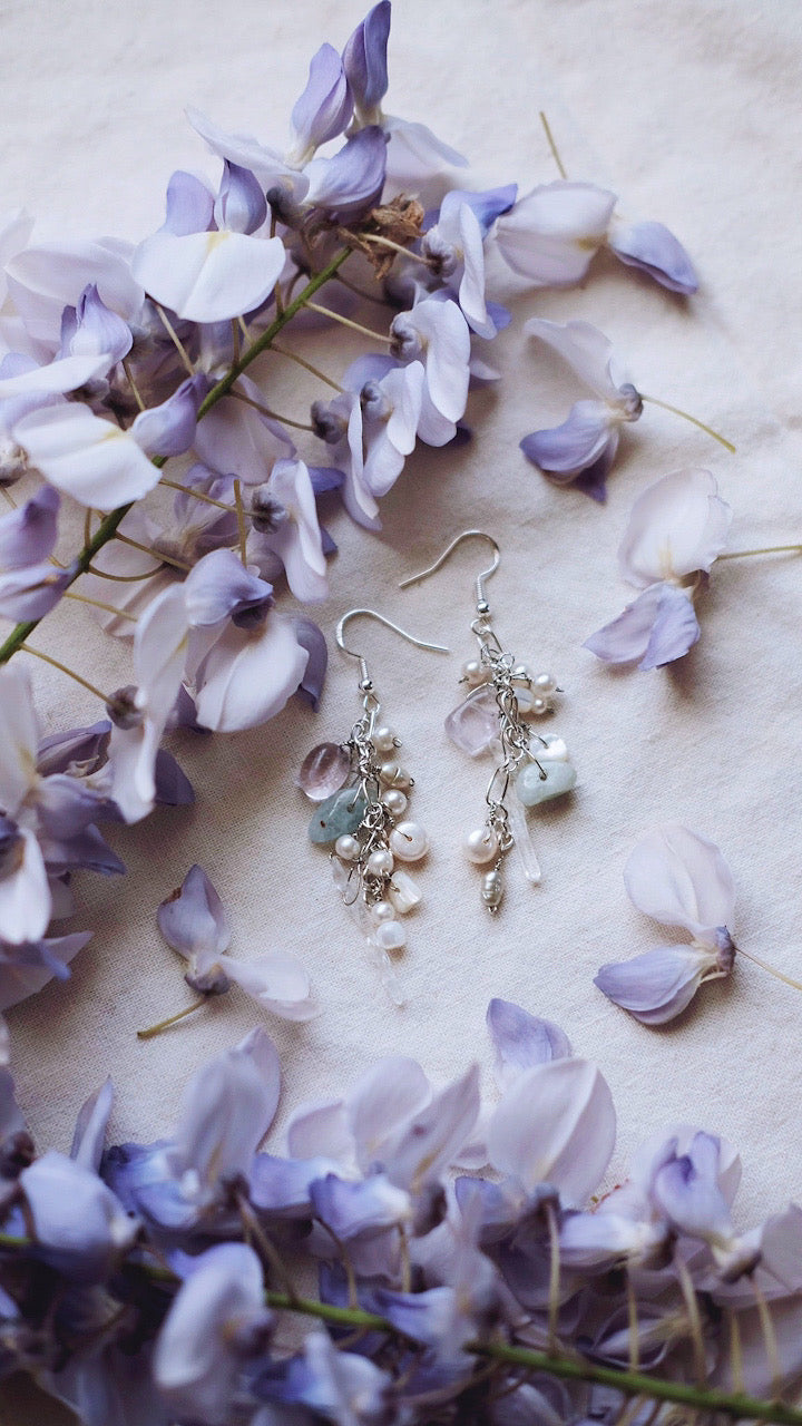 Tidal Veil +  Amethyst + Aquamarine + Freshwater Pearl + Clear Quartz + Silver earrings