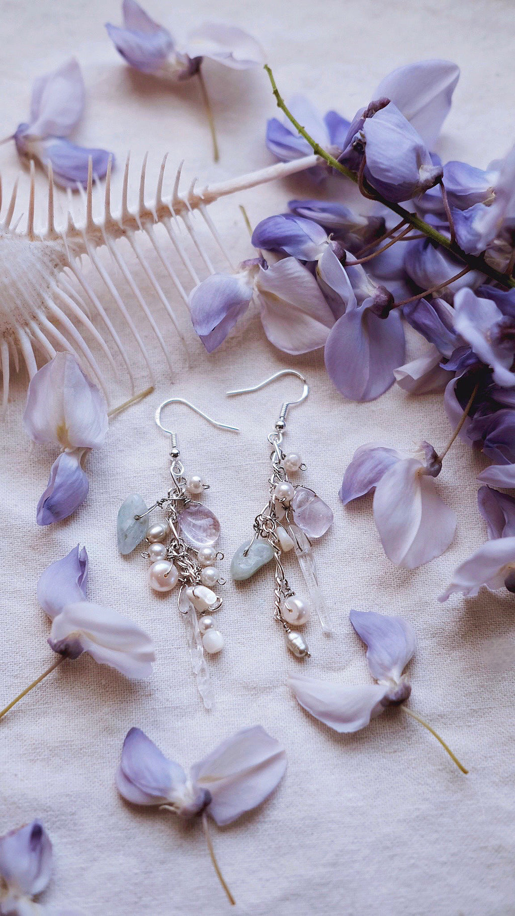 Tidal Veil +  Amethyst + Aquamarine + Freshwater Pearl + Clear Quartz + Silver earrings
