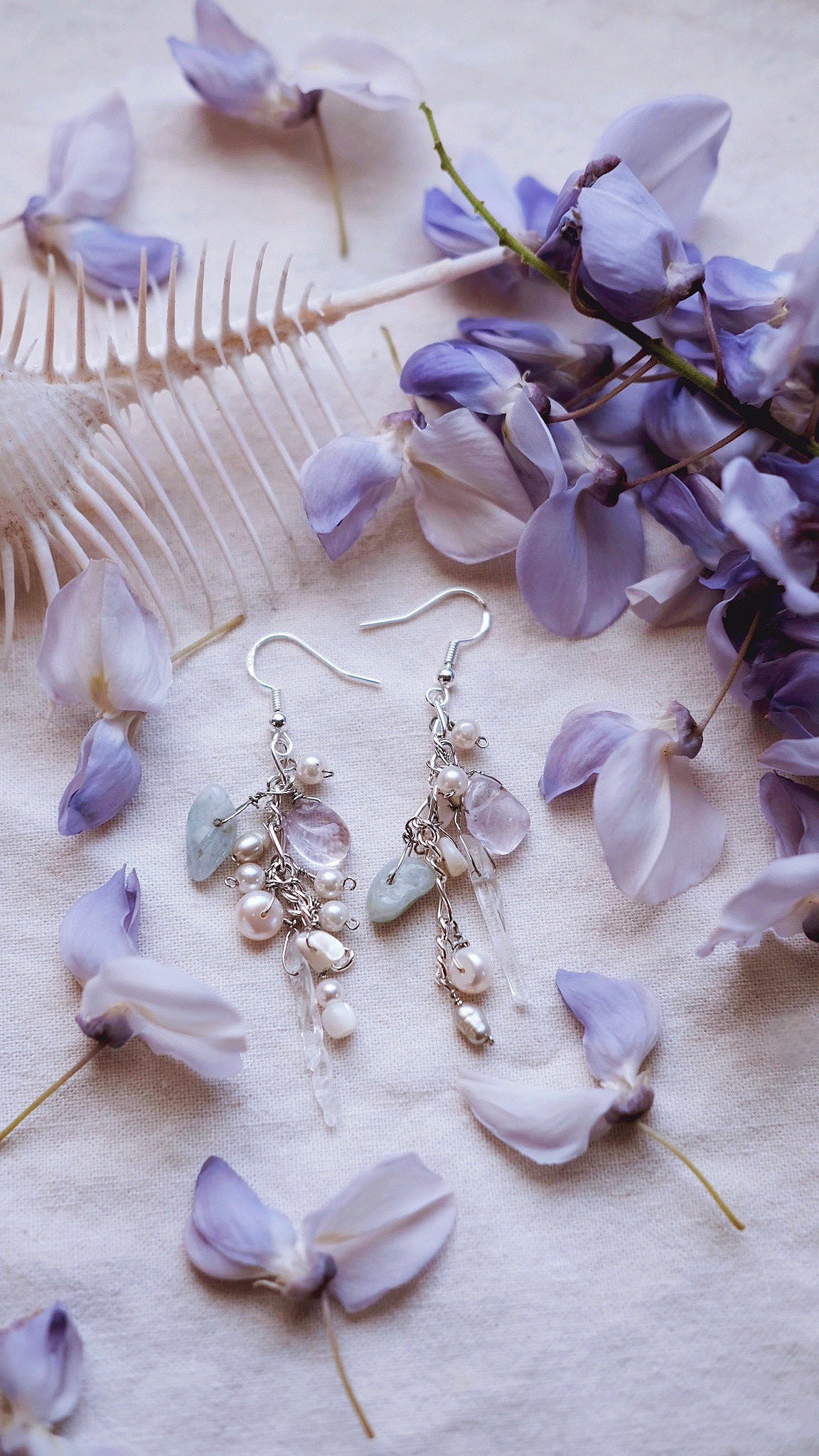 Tidal Veil +  Amethyst + Aquamarine + Freshwater Pearl + Clear Quartz + Silver earrings