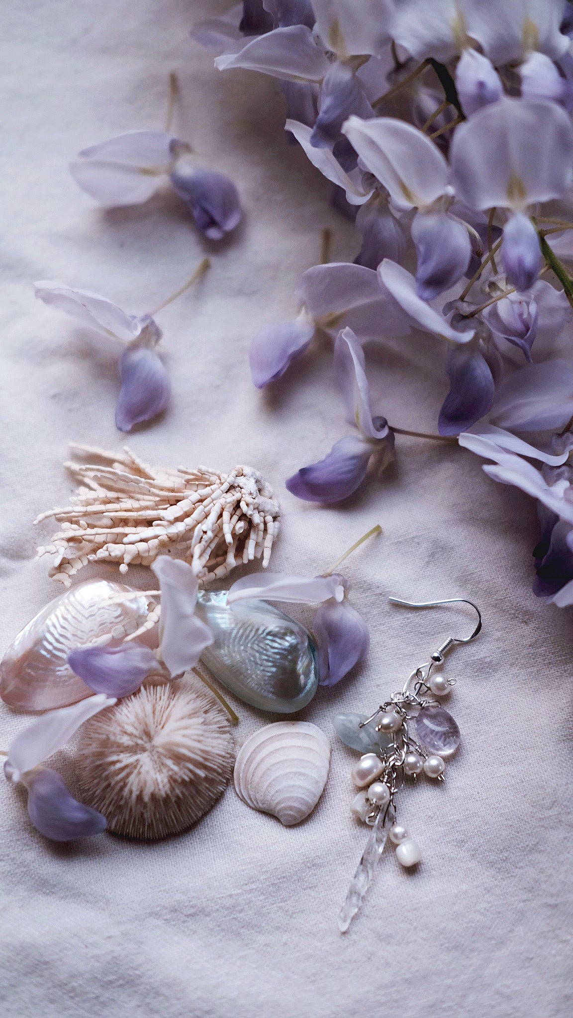 Tidal Veil +  Amethyst + Aquamarine + Freshwater Pearl + Clear Quartz + Silver earrings