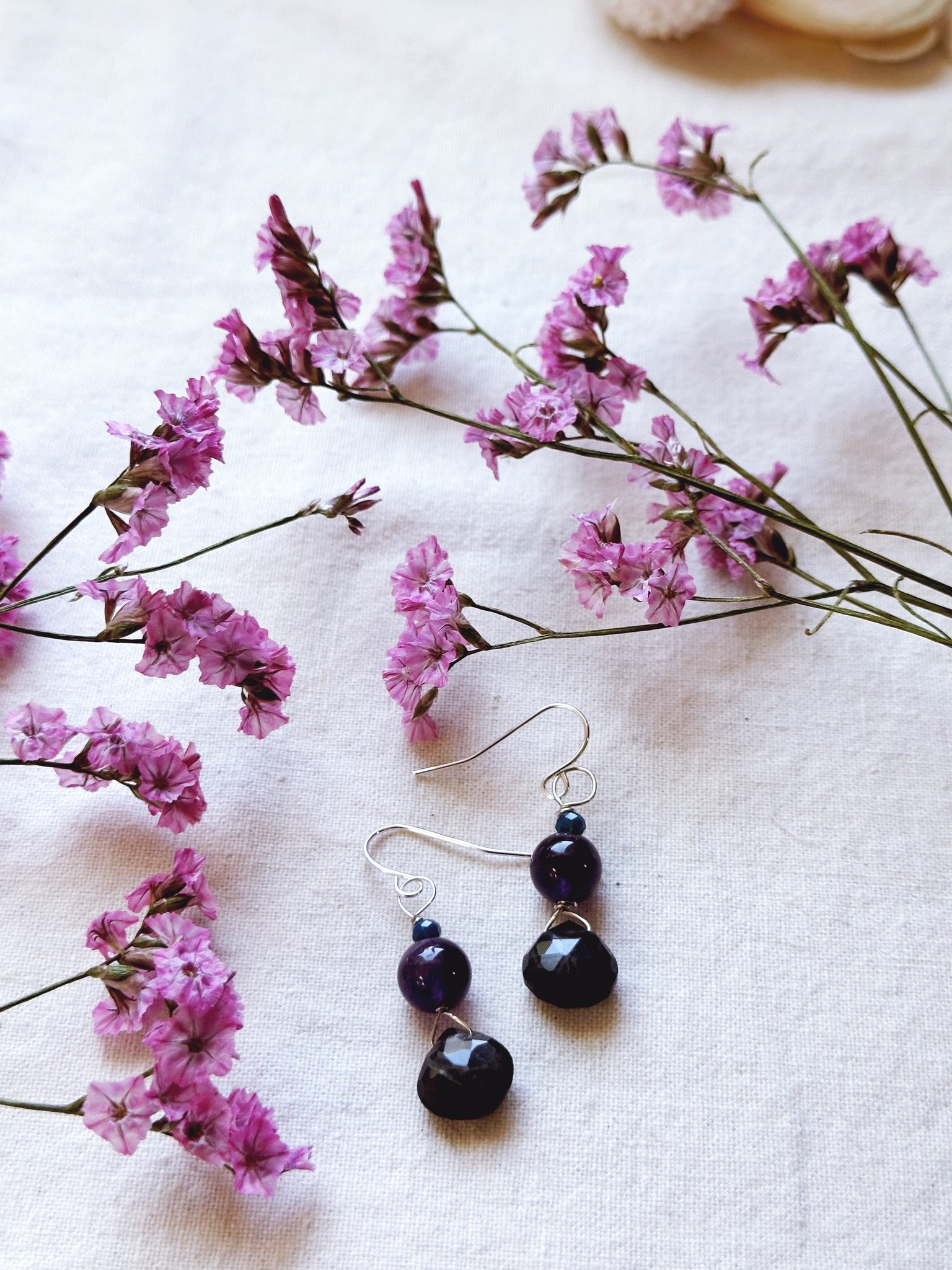 New Moon + Black Moonstone + Amethyst + Spinel gemstone earrings