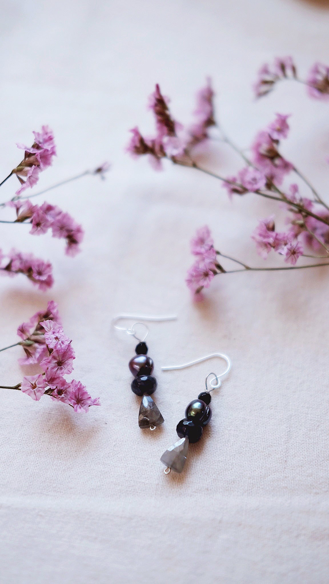 Lunar Acumen + Grey Moonstone + Black Pearl earrings