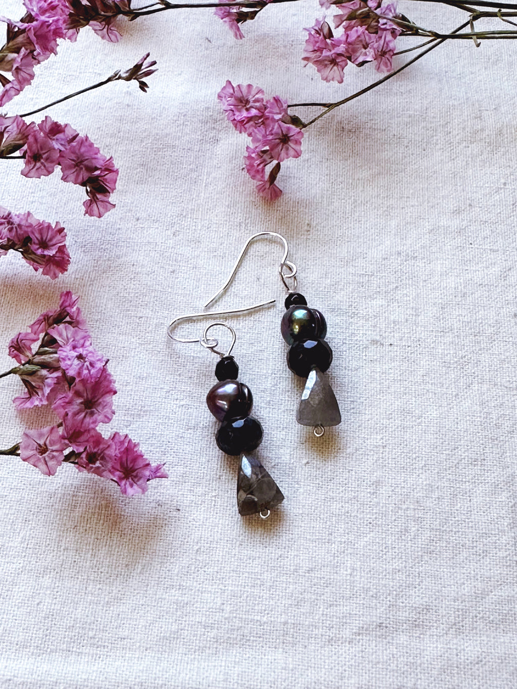 Lunar Acumen + Grey Moonstone + Black Pearl earrings