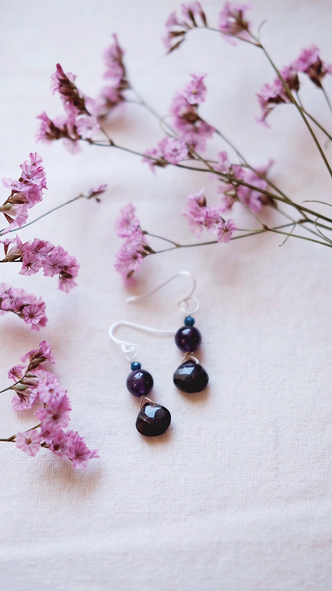 New Moon + Black Moonstone + Amethyst + Spinel gemstone earrings