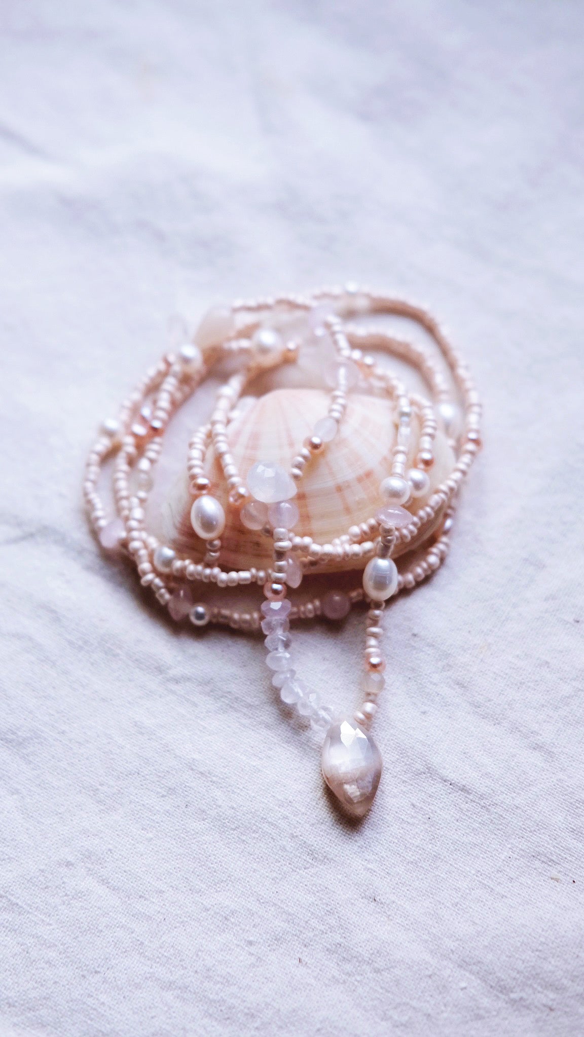 Heliacal Rise + Pearl Chalcedony + Moonstone + Rose Quartz gemstone necklace