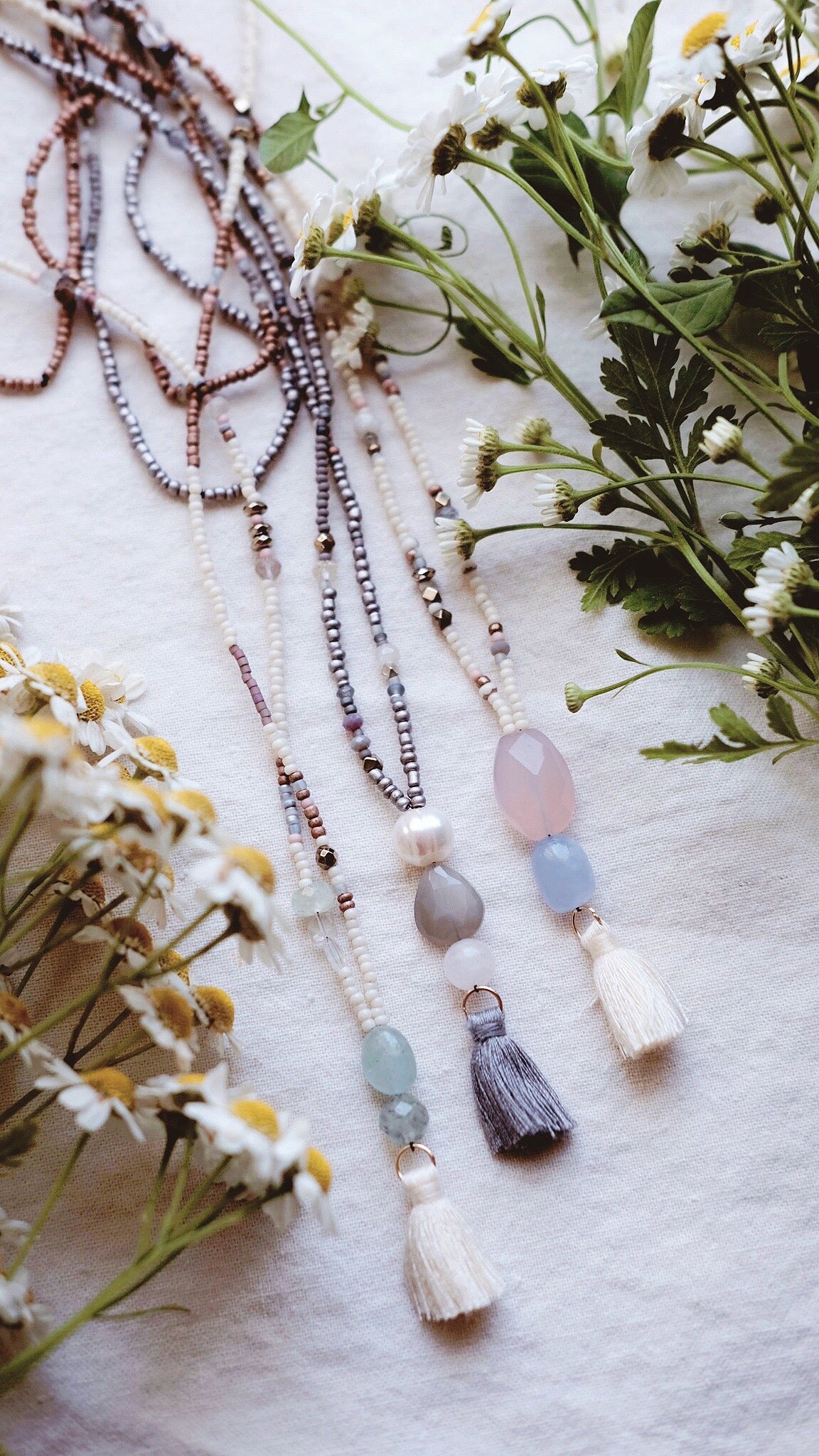 Moonlight on Water + Baroque Pearl + Grey Moonstone + Rose Quartz and silk gemstone strand necklace