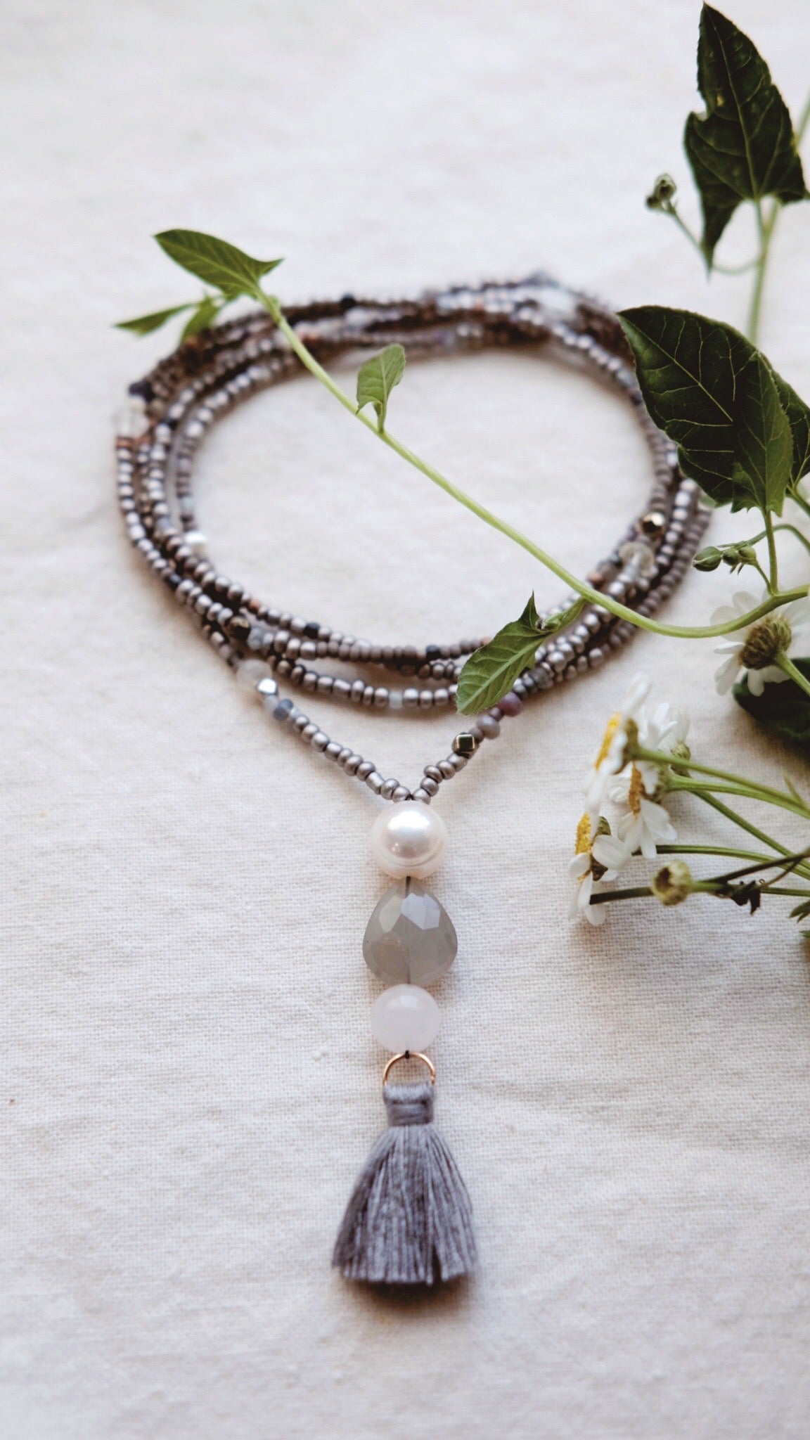 Moonlight on Water + Baroque Pearl + Grey Moonstone + Rose Quartz and silk gemstone strand necklace