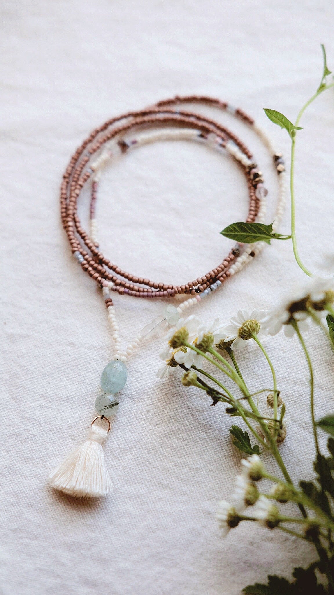 Hydrangea Blossom + Aquamarine + Moonstone + Rutilated Quartz and silk gemstone strand necklace