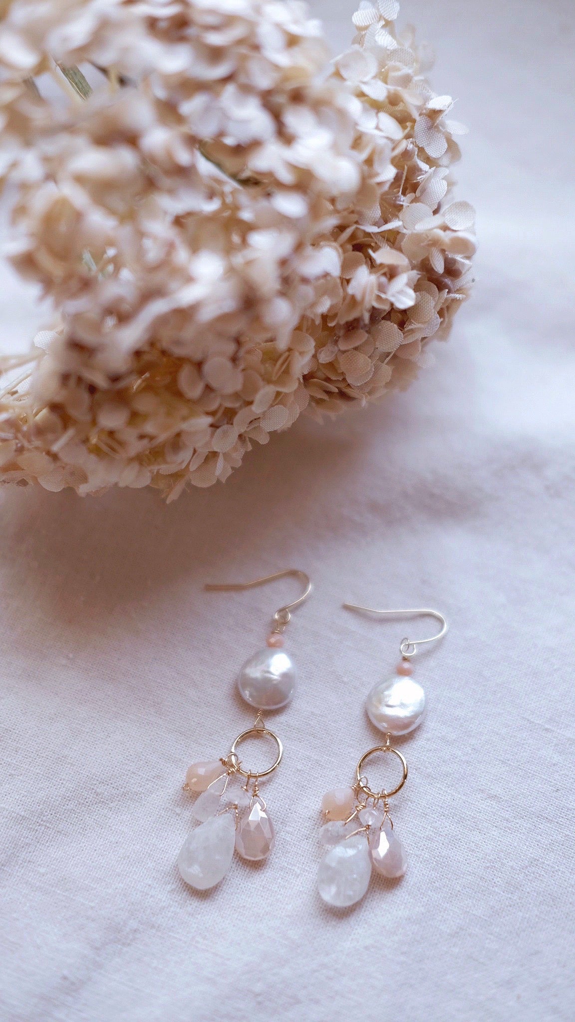 Moon Goddess + Moonstone, Freshwater Pearl, Chalcedony earrings