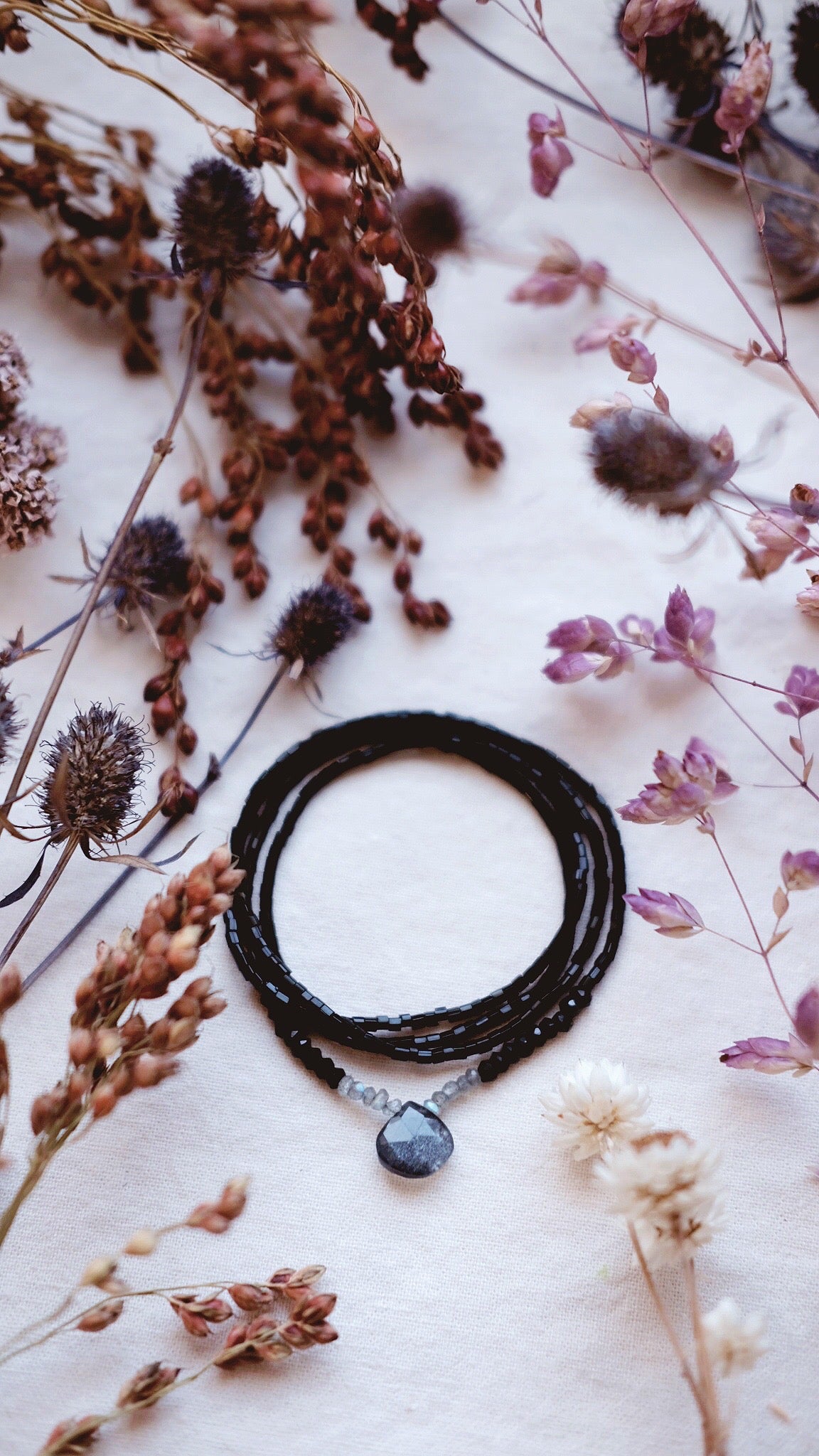 Scrying Pool + Grey Moonstone + Labradorite + Black Spinel gemstone necklace
