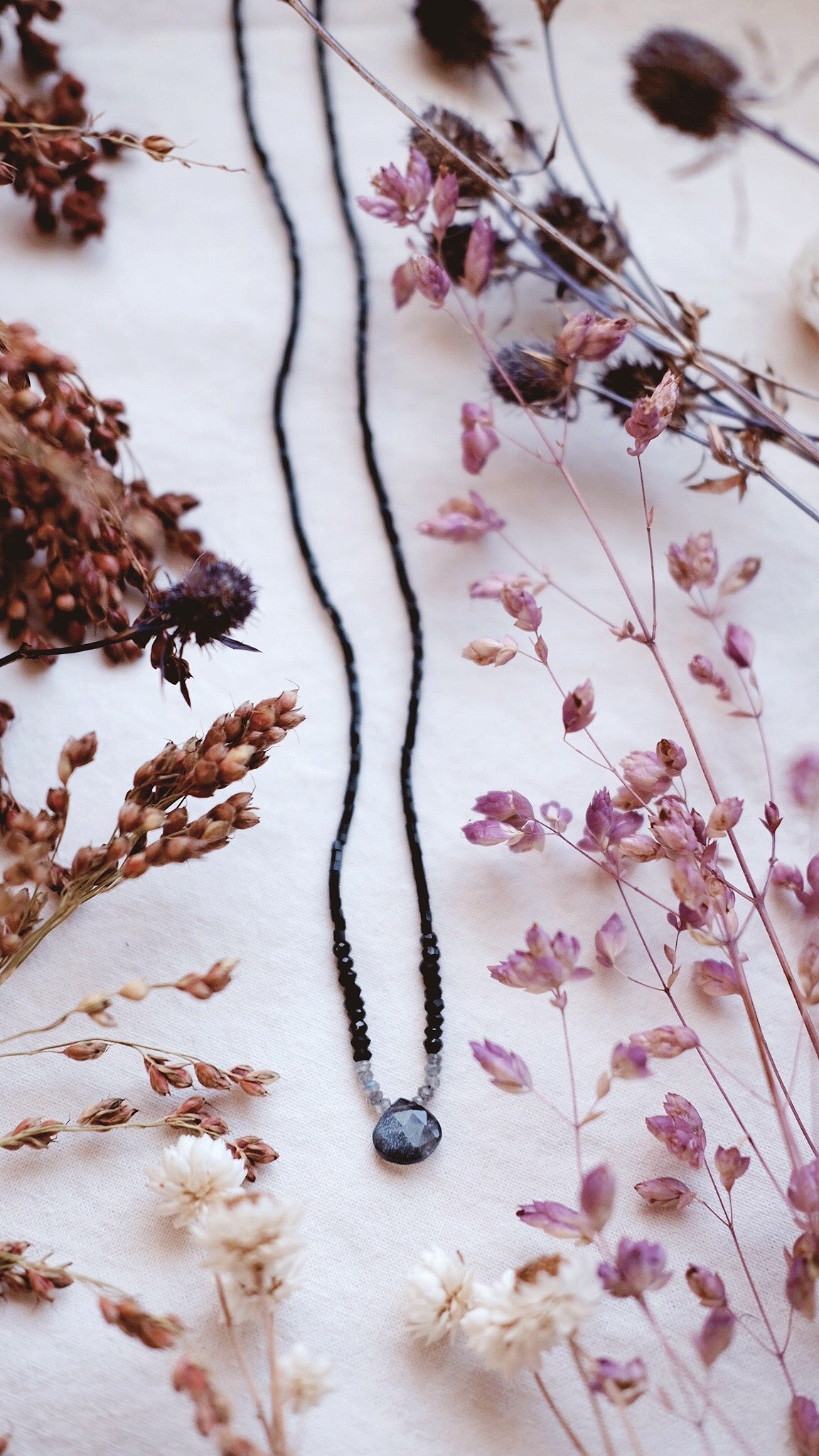 Scrying Pool + Grey Moonstone + Labradorite + Black Spinel gemstone necklace
