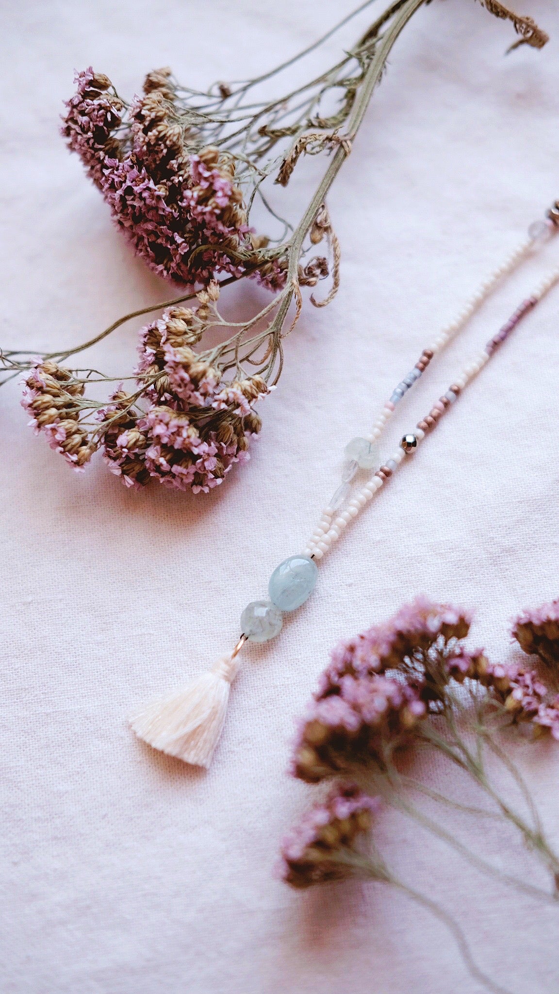 Hydrangea Blossom + Aquamarine + Moonstone + Rutilated Quartz and silk gemstone strand necklace