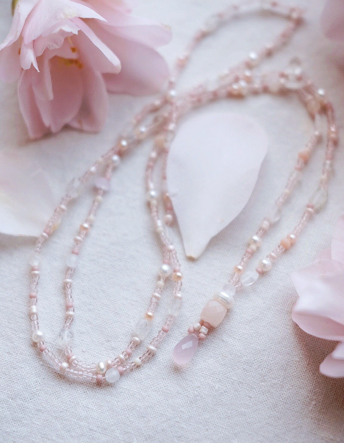 Cloud Blossom + Moonstone + Freshwater Pearl + Peach Aventurine & Chalcedony + mindfulness beaded necklace