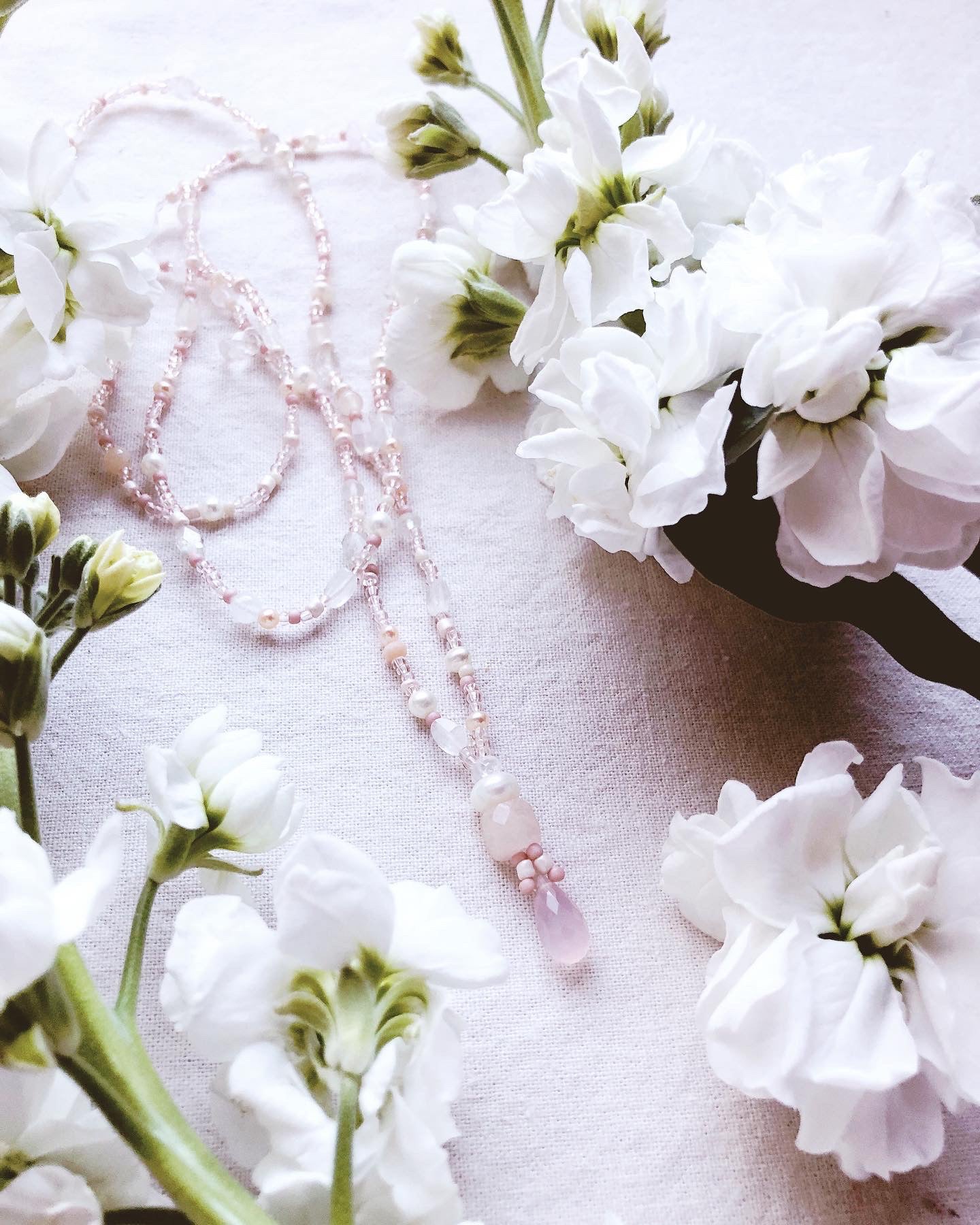Cloud Blossom + Moonstone + Freshwater Pearl + Peach Aventurine & Chalcedony + mindfulness beaded necklace